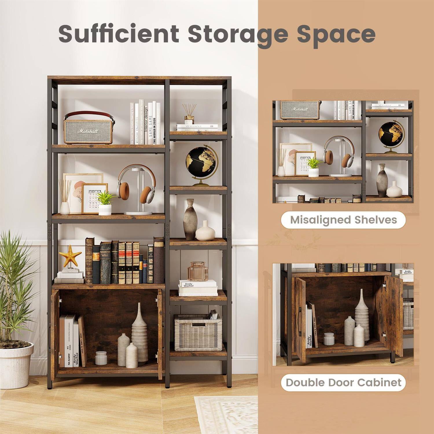 Sufficient Storage Space

Misaligned Shelves

Double Door Cabinet