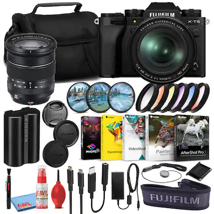 Sure, here is the corrected and grouped text from the image:
---
**Camera and Accessories:**
- FUJIFILM X-T5
- FUJINON ASPHERICAL LENS
- 16-80mm XF
- 1:4
- 16-80mm
- XF
- 16-80
- FUJIFILM
**Software:**
- PHOTOS
- PaintShop
- VideoStud
- Painter
- AfterShot Pro 3 essentials
**Cleaning and Maintenance:**
- SAVE ELECTRONICS
- Lens Cleaner
- Lens Cleaning Spray
**Filters:**
- Various colored filters (not specified)
**Other Accessories:**
- Battery
- Charger
- USB Cable
- SD Card
- Camera Bag
- Cleaning Cloths
- Lens Hood
**Brands:**
- COREL
- PHOTOM
---
This text is grouped based on the categories of items shown in the image.