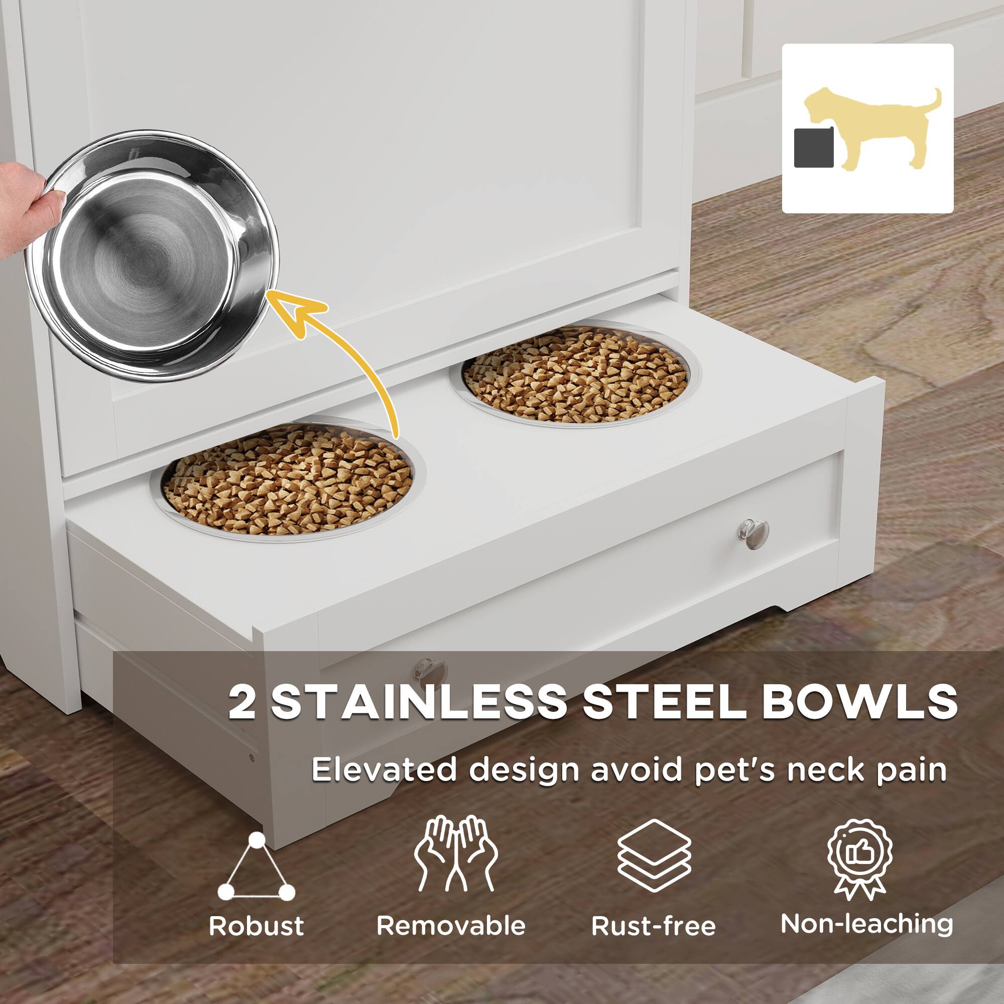 2 STAINLESS STEEL BOWLS  
Elevated design avoid pet's neck pain  

- Robust  
- Removable  
- Rust-free  
- Non-leaching