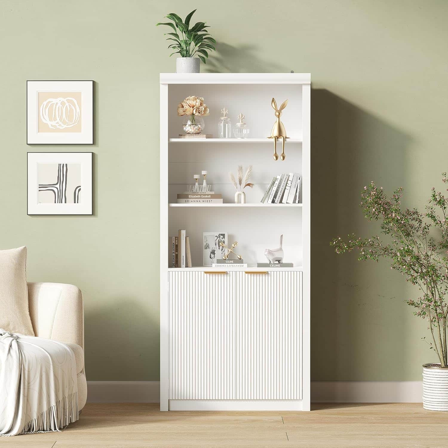Homhougo - 71" Tall Bookshelf with Fluted Doors, 5 Tier Bookcase Display Shelves with Storage Cabinet & Adjustable Shelf - White