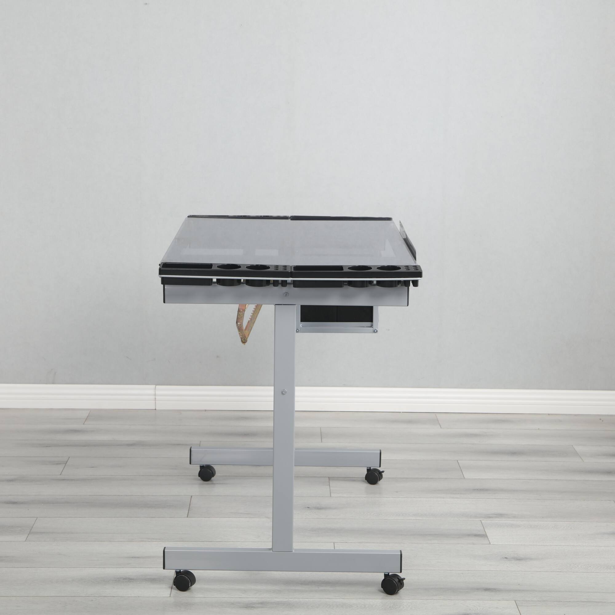 Alt View 2. GOODSILO - Adjustable Glass Top Drafting Desk with Storage Drawers and Wheels for Artists and Crafters - Silver Grey.