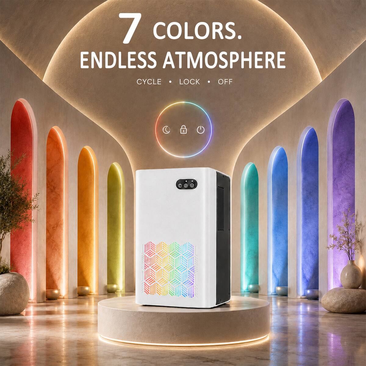 7 COLORS.  
ENDLESS ATMOSPHERE  
CYCLE • LOCK • OFF