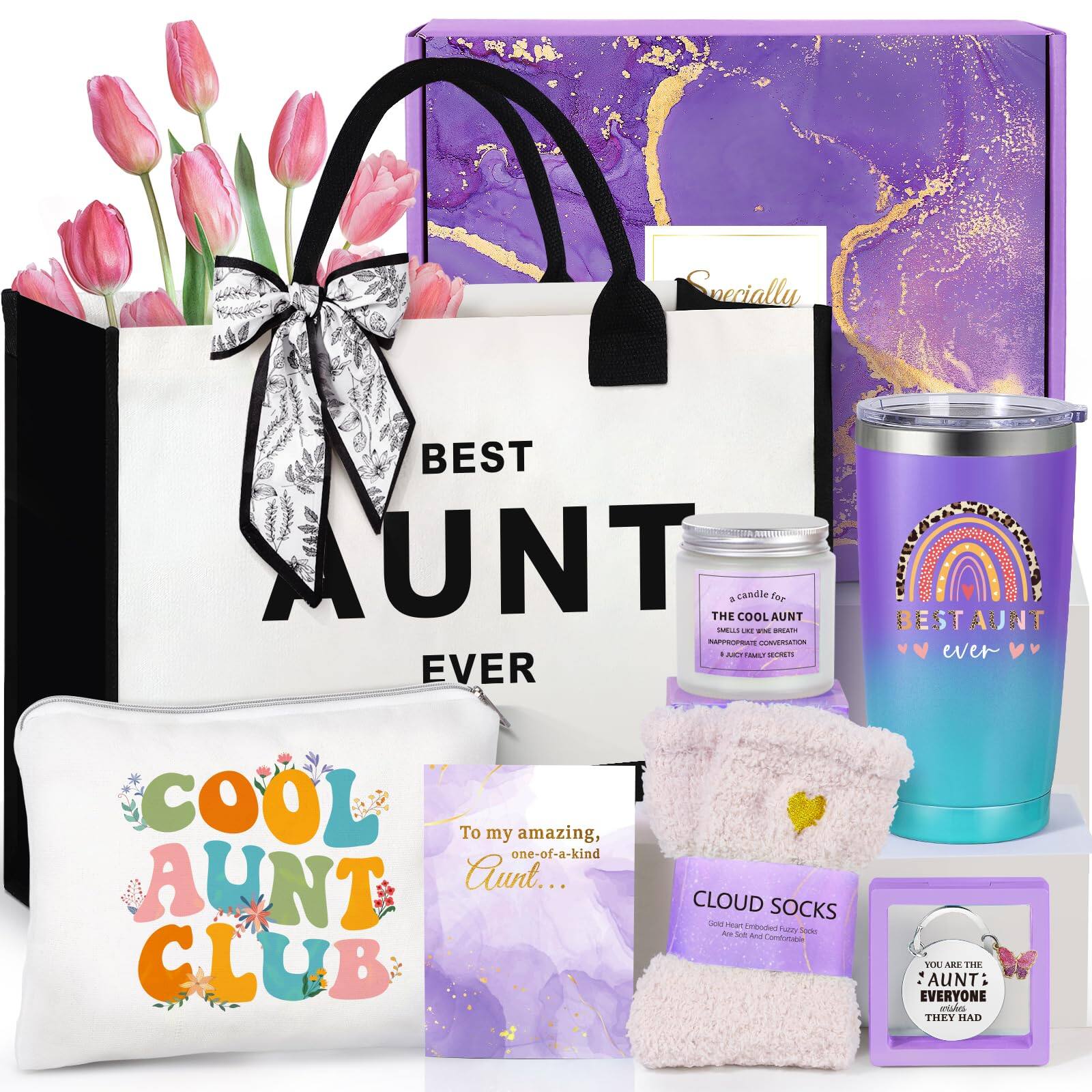 Sure, here is the corrected and grouped text from the image:

---

**BEST AUNT EVER**

**Specially**

**COOL AUNT CLUB**

**To my amazing, one-of-a-kind Aunt...**

**CANDLE: THE COOL AUNT - APPROPRIATE CONVERSATION - A JACIE FAMILY SECRET**

**CLOUD SOCKS - Gold Heart Embroidered Fuzzy Socks - Soft and Comfy**

**YOU ARE THE AUNT EVERYONE THEY HAD**

**BEST AUNT EVER**

**Specially**

---

This text is grouped based on the items and their labels in the image.