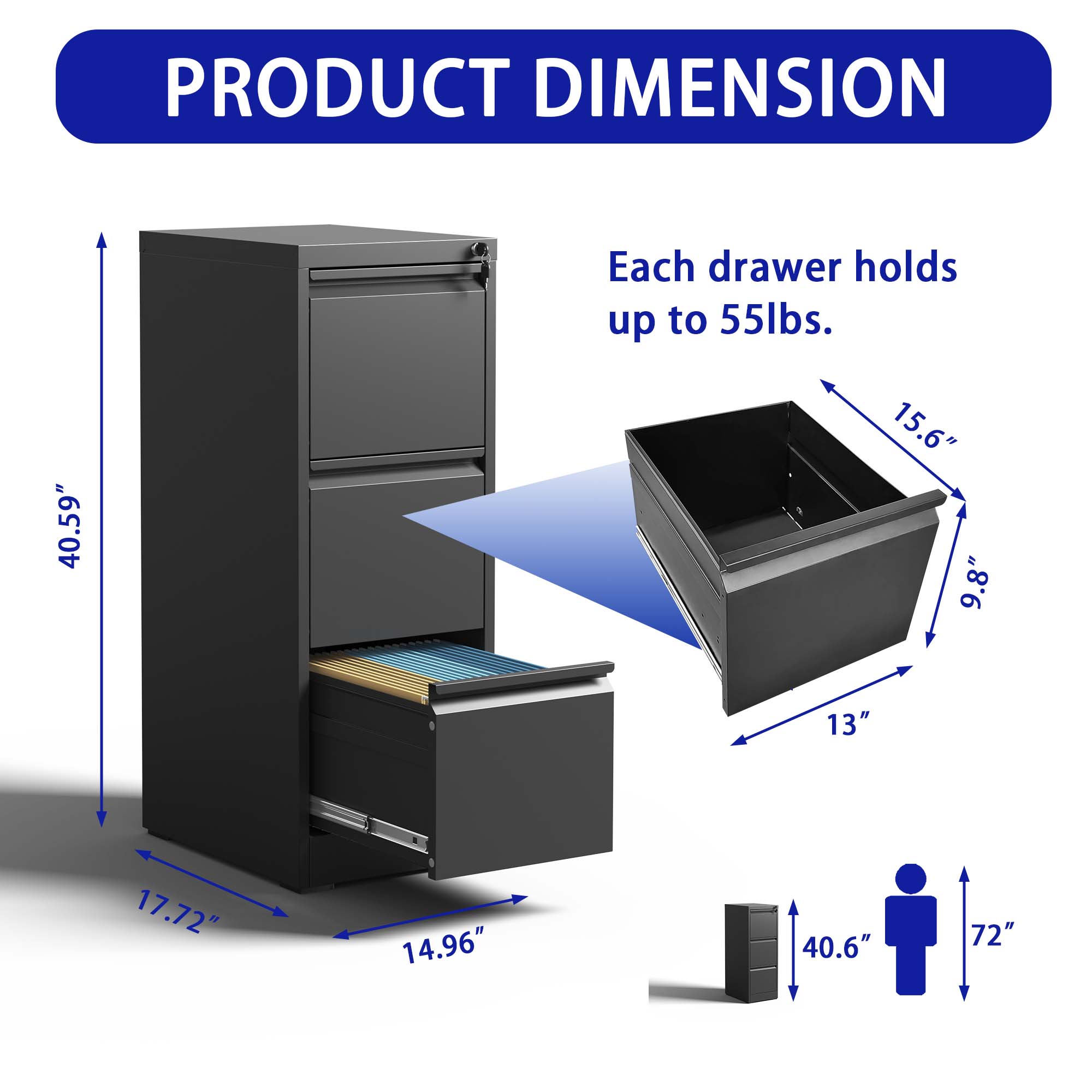 PRODUCT DIMENSION

Each drawer holds up to 55lbs.

- Height: 40.59"
- Width: 15.6"
- Depth: 9.8"
- Drawer Height: 13"
- Drawer Width: 17.72"
- Drawer Depth: 14.96"
- Overall Width: 40.6"
- Overall Height: 72"