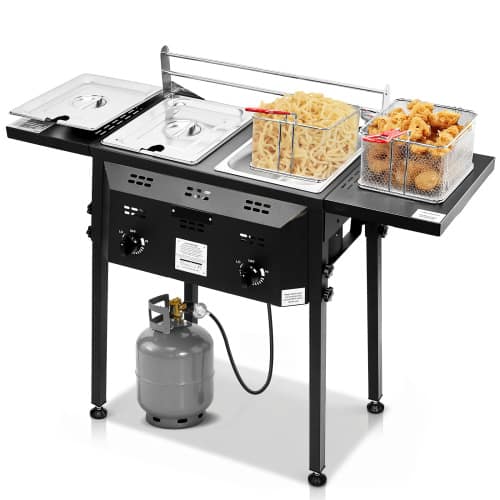 Winado - Deep Fryer Standing Stainless Steel Propane Cooker with Foldable Shelf, Fryer Pot, Baskets for Outdoor Camping Party - Black