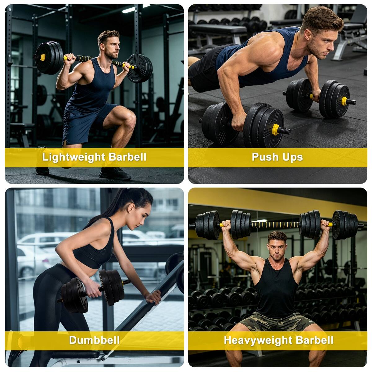 Lightweight Barbell  
Push Ups  
Dumbbell  
Heavyweight Barbell