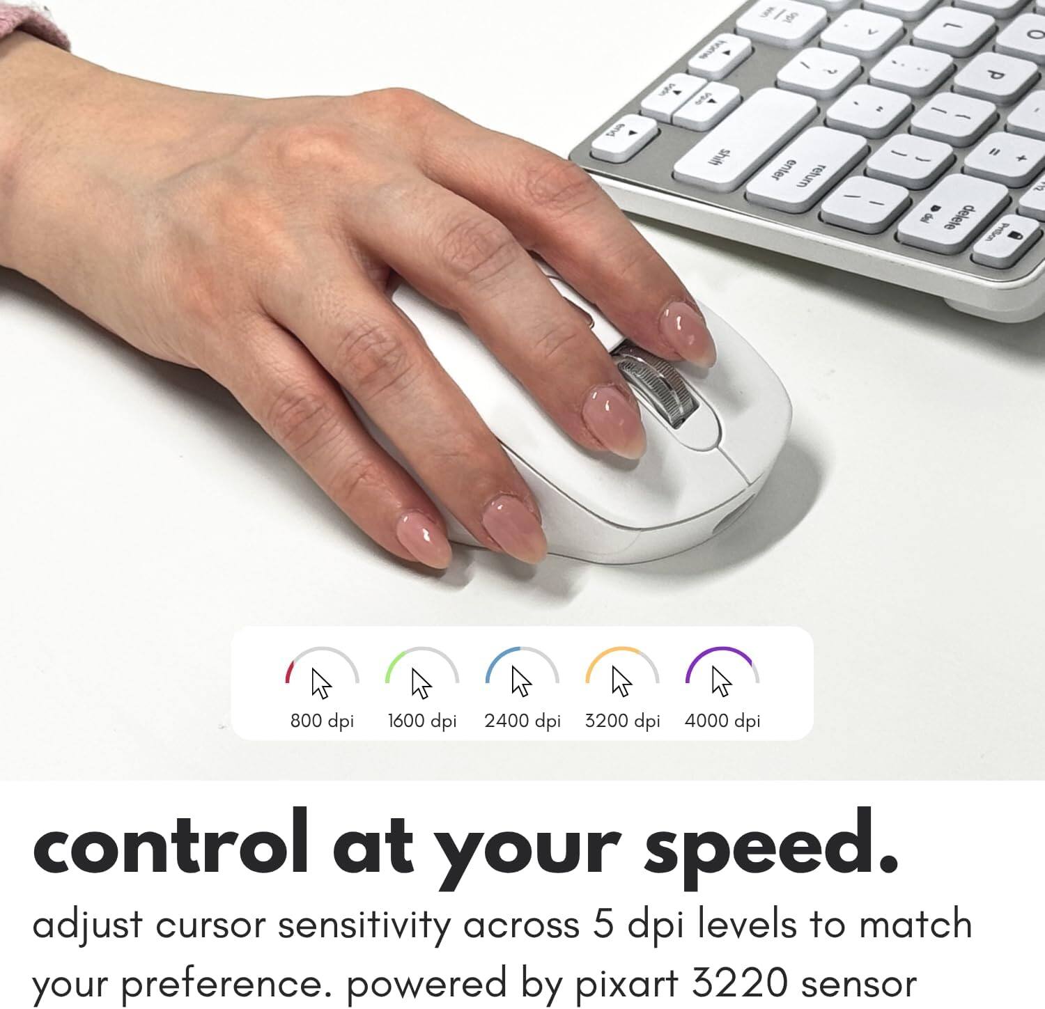 I 0 P
I
'
" delete
X B
800 dpi
1600 dpi
2400 dpi
3200 dpi
4000 dpi
control at your speed. adjust cursor sensitivity across 5 dpi levels to match your preference. powered by pixart 3220 sensor