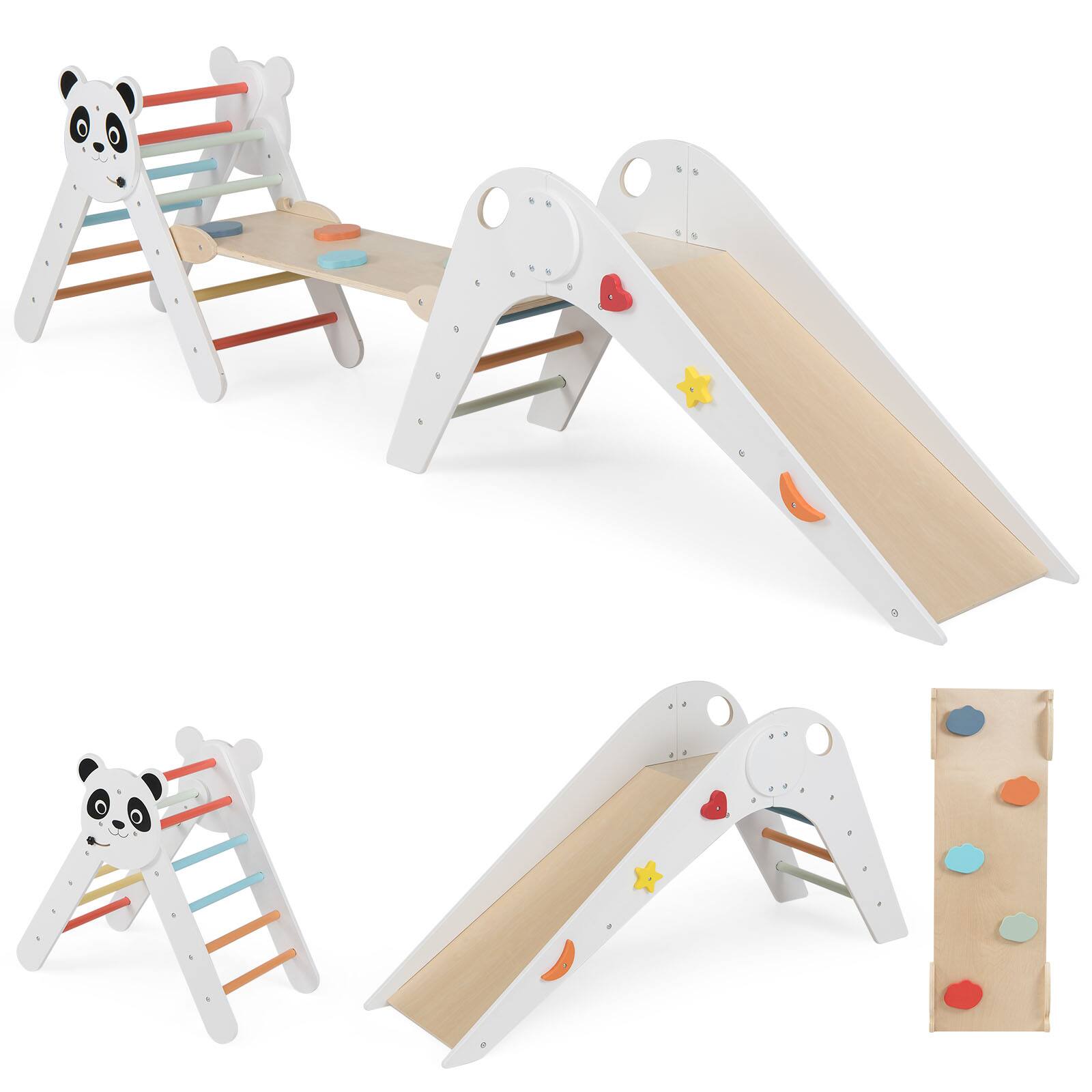 Alt View 9. Gymax - Gymax Panda-Themed Wood Montessori Climbing Set w/Slide Ramp Ladder & Cartoon Blocks White - White.