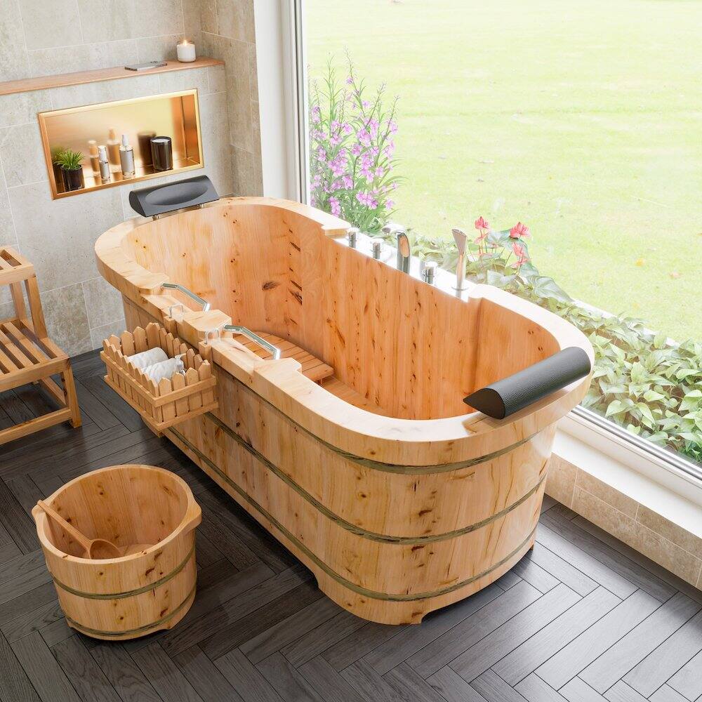 Left. Alfi - Round Wooden Cedar Foot Soaking Tub - Natural Wood.