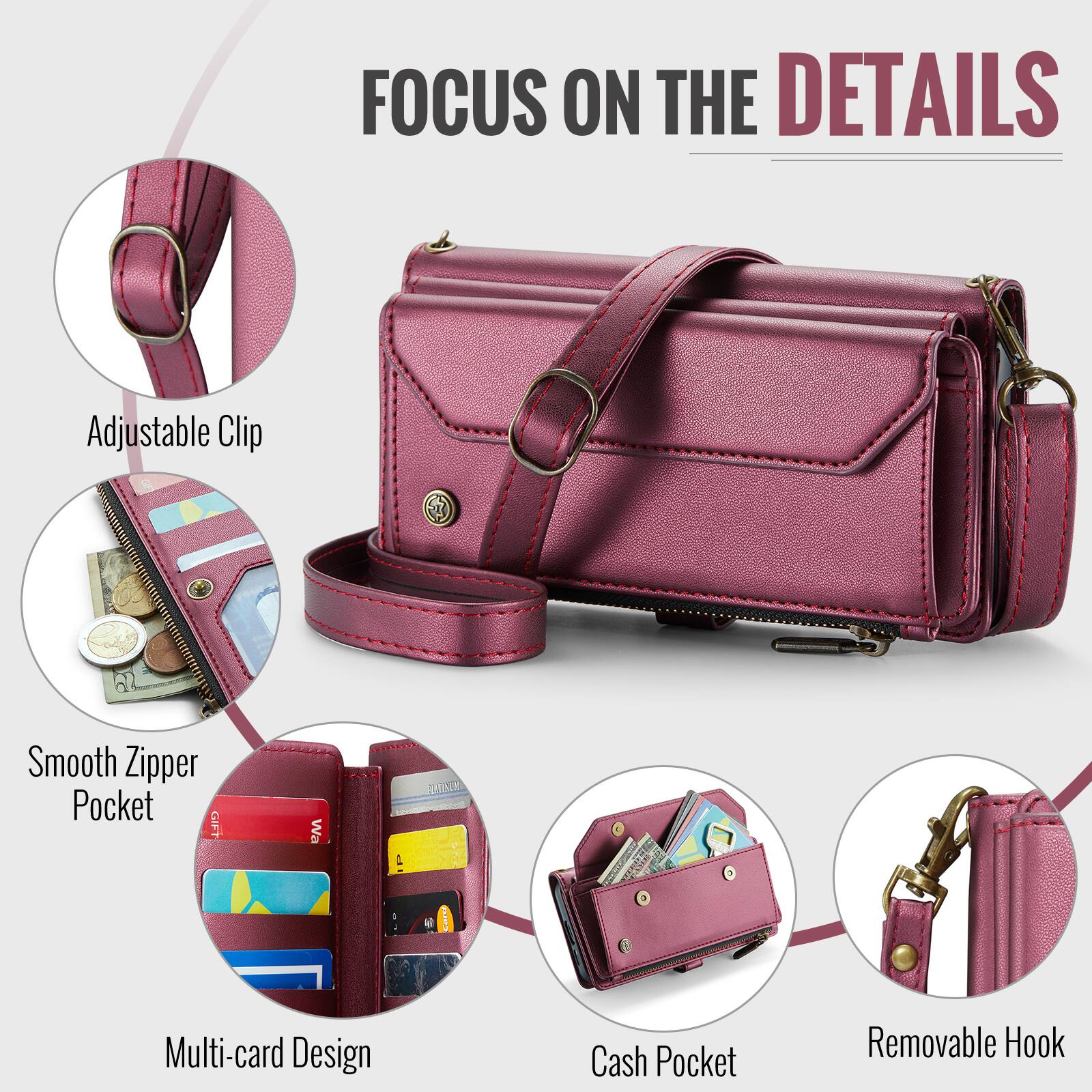 FOCUS ON THE DETAILS

- Adjustable Clip
- Smooth Zipper Pocket
- Multi-card Design
- Cash Pocket
- Removable Hook