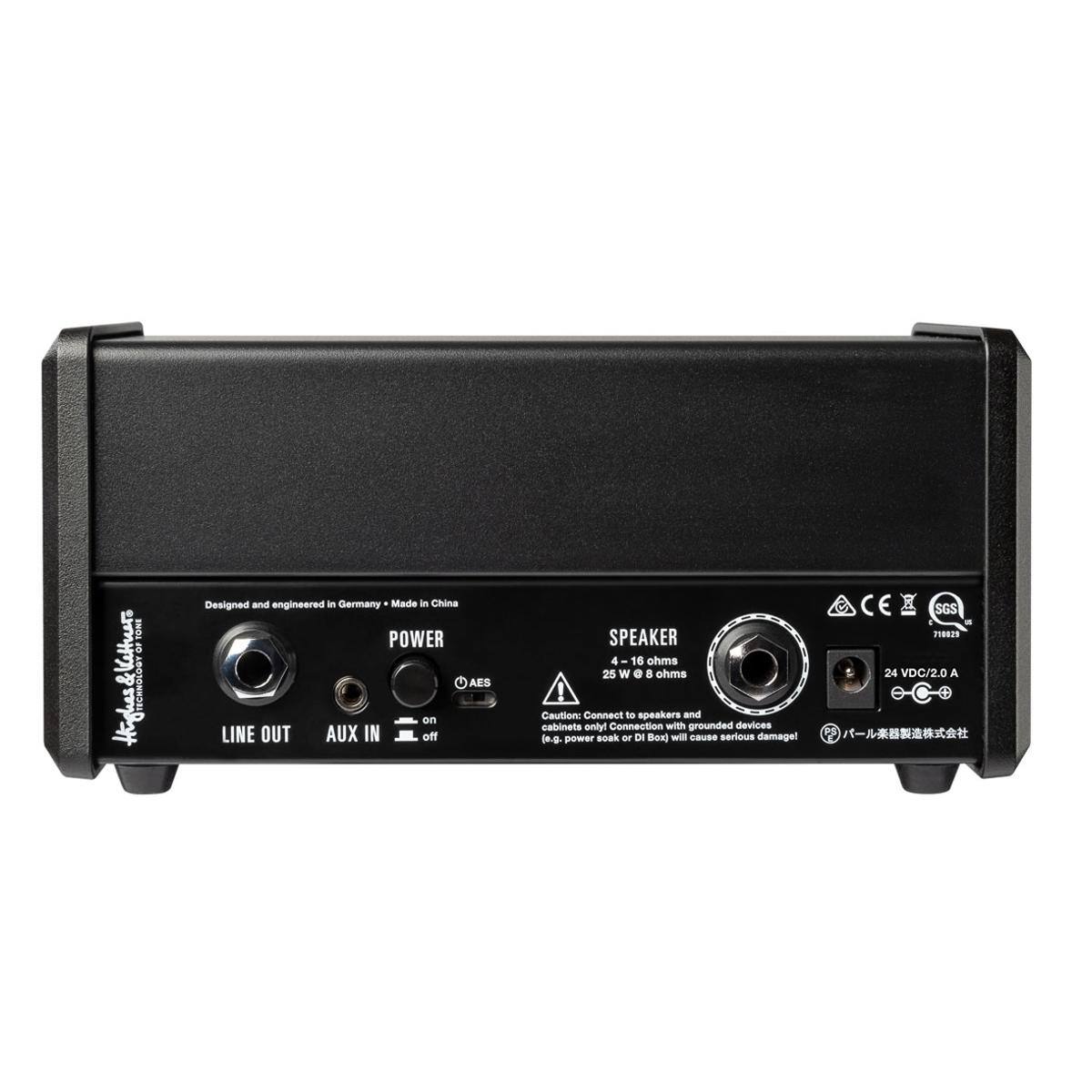TONI & Kettlern's Highes!  
HERNULOGY  
Designed and engineered - Germany  
Made in China  

POWER - AES  
LINE OUT  
AUX IN  
on  
off  

SPEAKER  
4 - 16 ohms  
25 W @ 8 ohms  
24 VDC/2.0 A  

Caution: Connect to speakers and cabinets only. Connection with grounded devices (e.g. power soak or DI Box) will cause serious damage!
