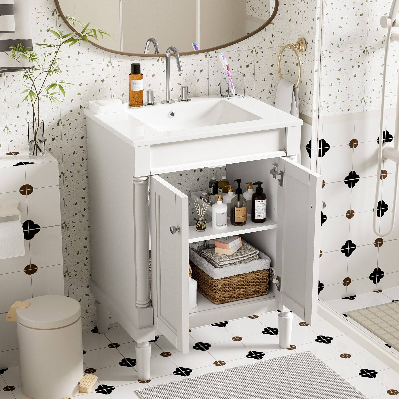 Alt View 5. Glintex - 24'' Bathroom Vanity with Top Sink, 2-Tier Bathroom Storage Cabinet, Single Sink Bathroom Vanity, Large Storage Shelves - White.
