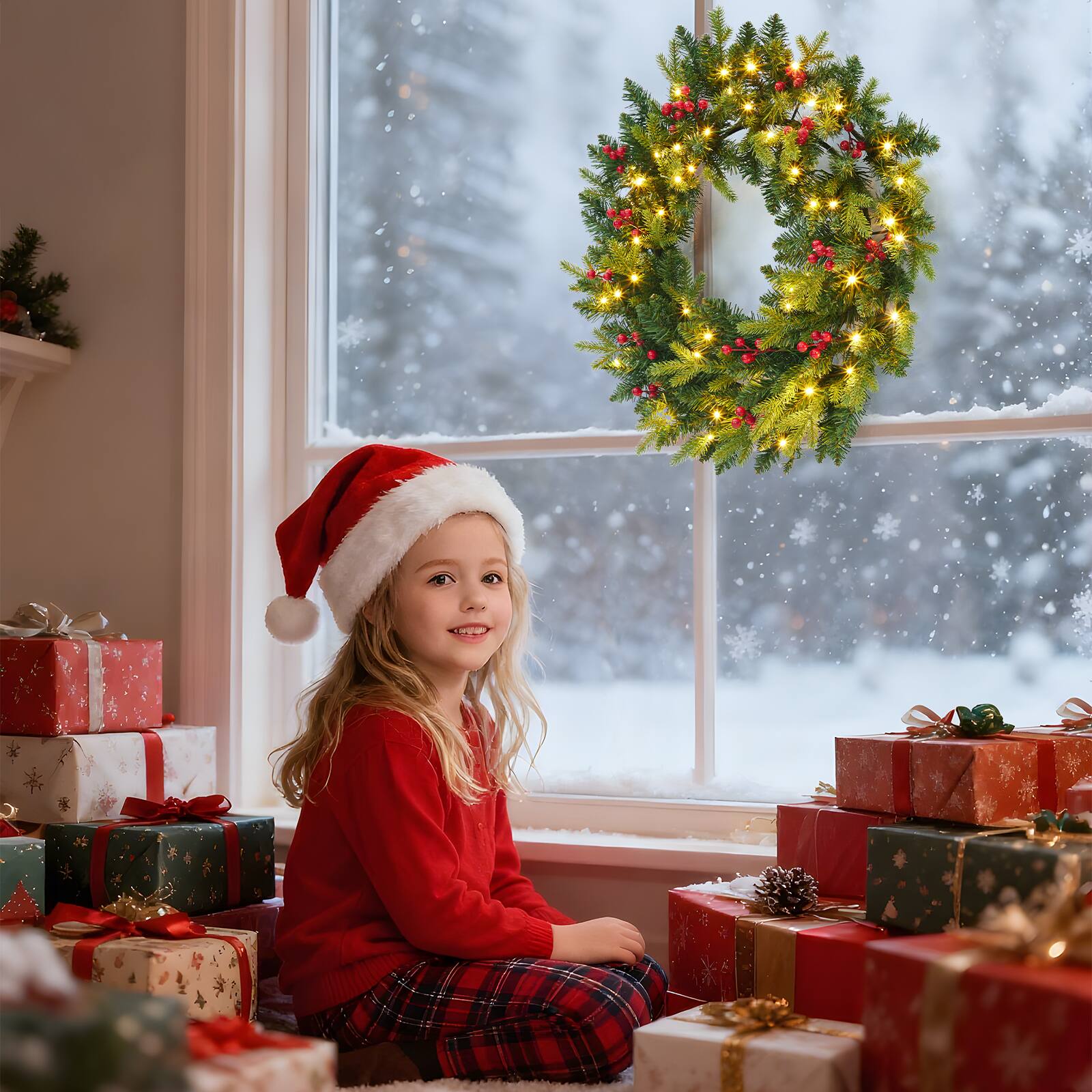 Alt View 1. Acekool - 24 Inch Christmas Wreaths with Red Berries and Led Lights for Front Door Entryway Window Wall Hallway Green - Green.