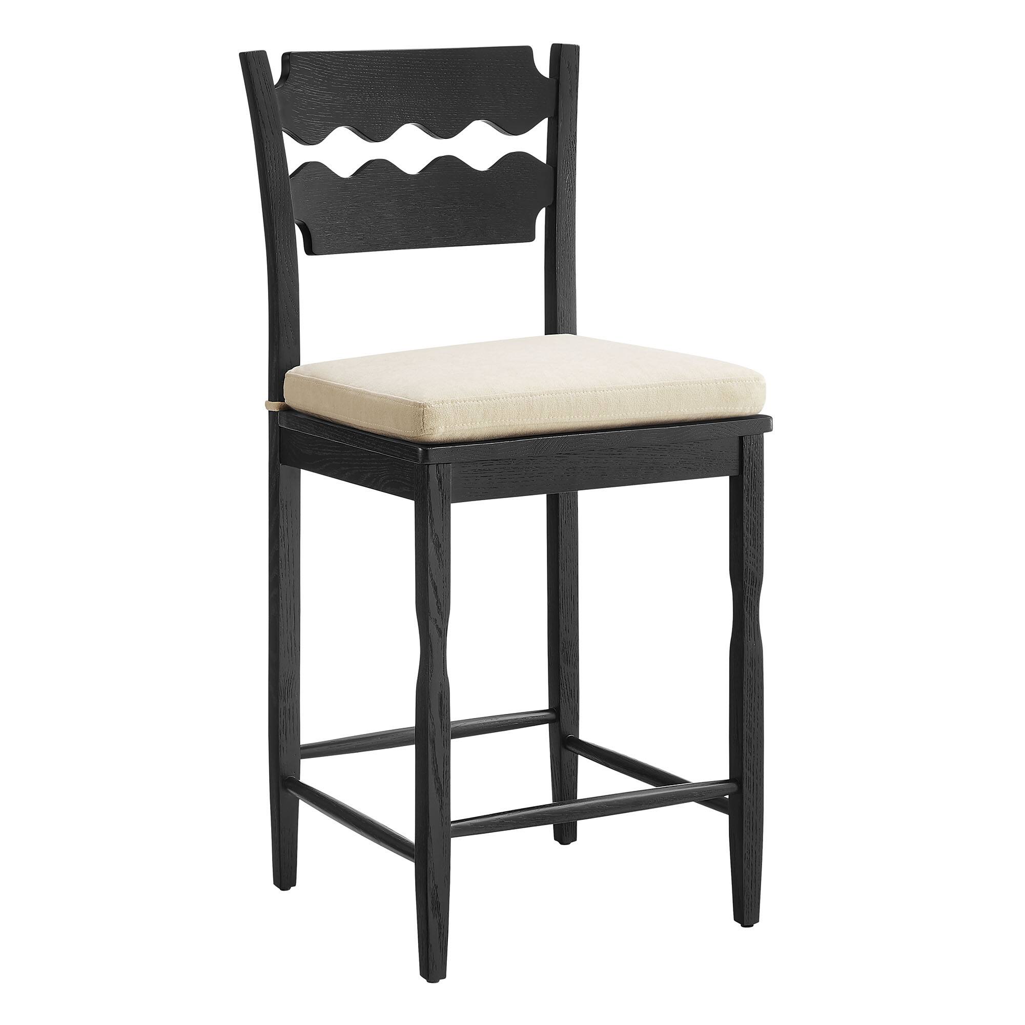 Angle. Modway - Jax Oak Wood Counter Stool With Wavy Razor Back and Cushion by Modway - Black Linen.