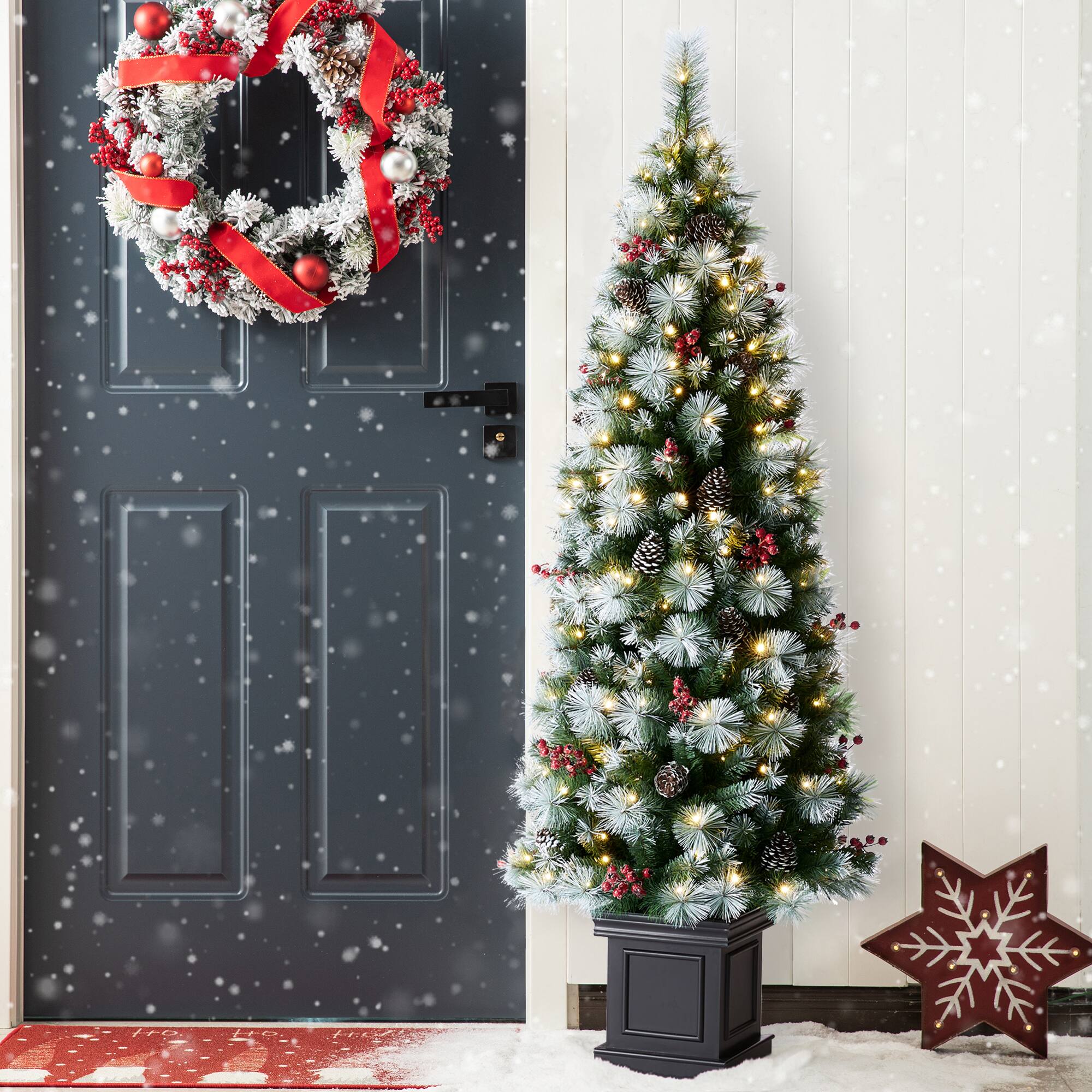 Front. Glitzhome - 6ft Pre-Lit Greenery Pine Cones and Red Berries Christmas Porch Tree, with 200 Warm White Lights - White.