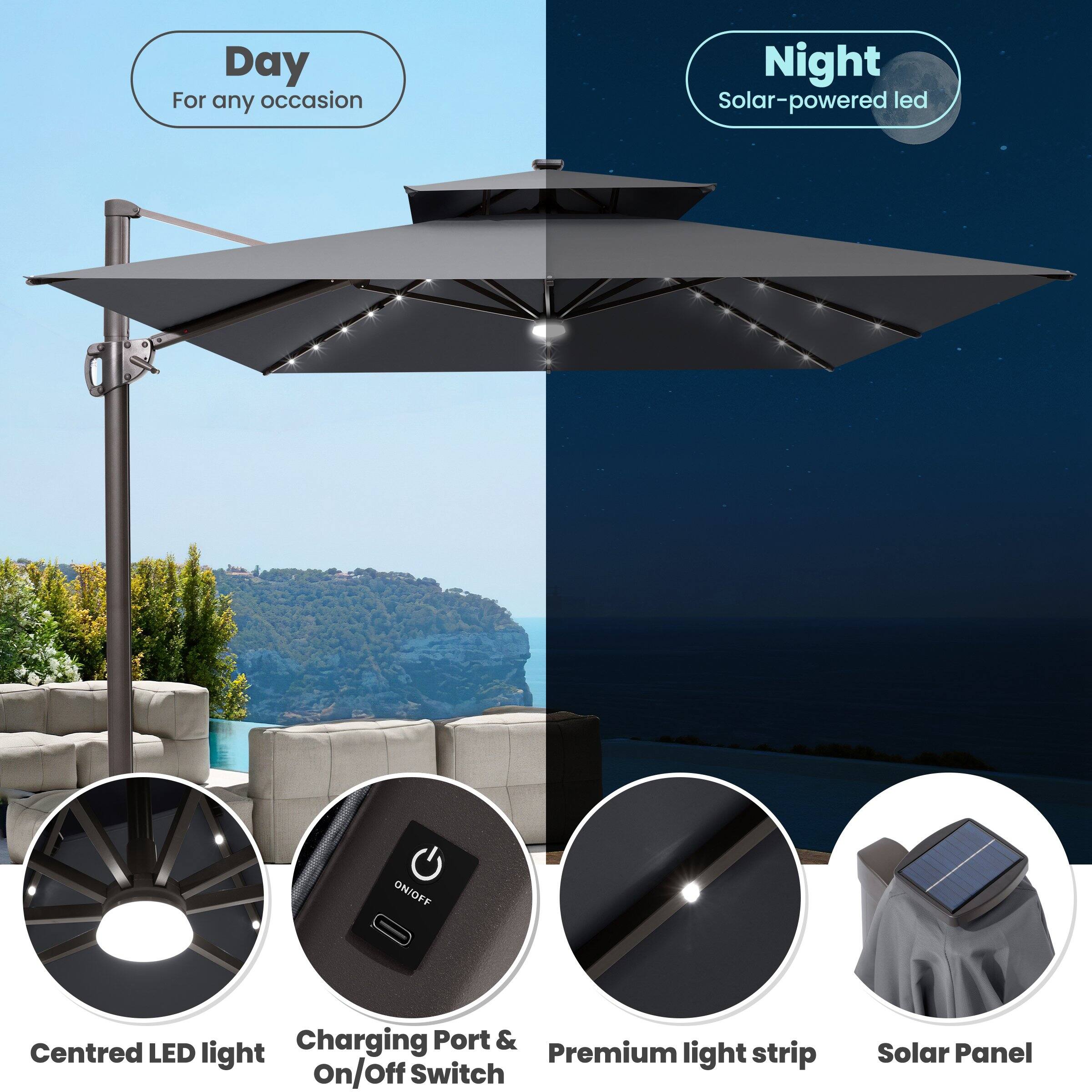 - Day
  - For any occasion

- Night
  - Solar-powered LED

- Centred LED light

- Charging Port & On/Off Switch

- Premium light strip

- Solar Panel