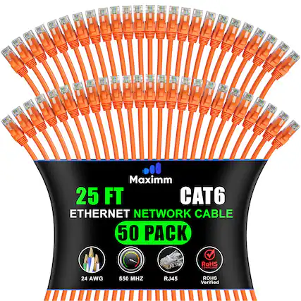 Maximm 25 FT CAT6 ETHERNET NETWORK CABLE 50 PACK
RoHS COMPLIANT
24 AWG
550 MHZ
RJ45
ROHS Verified
