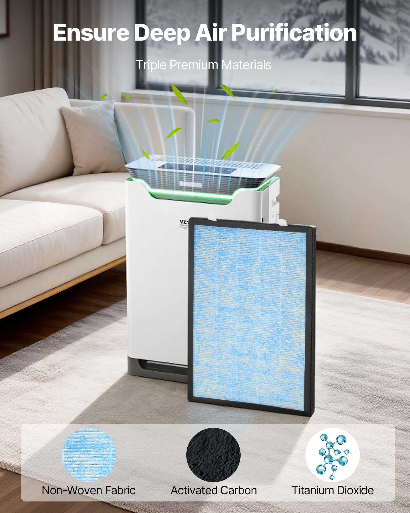 Ensure Deep Air Purification  
Triple Premium Materials  

- Non-Woven Fabric  
- Activated Carbon  
- Titanium Dioxide