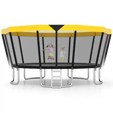 Front. Gymax - Gymax 15 FT Outdoor Trampoline w/Non-Slip Ladder Enclosure Net & Anti-Rust Coating Yellow & Black - Yellow.