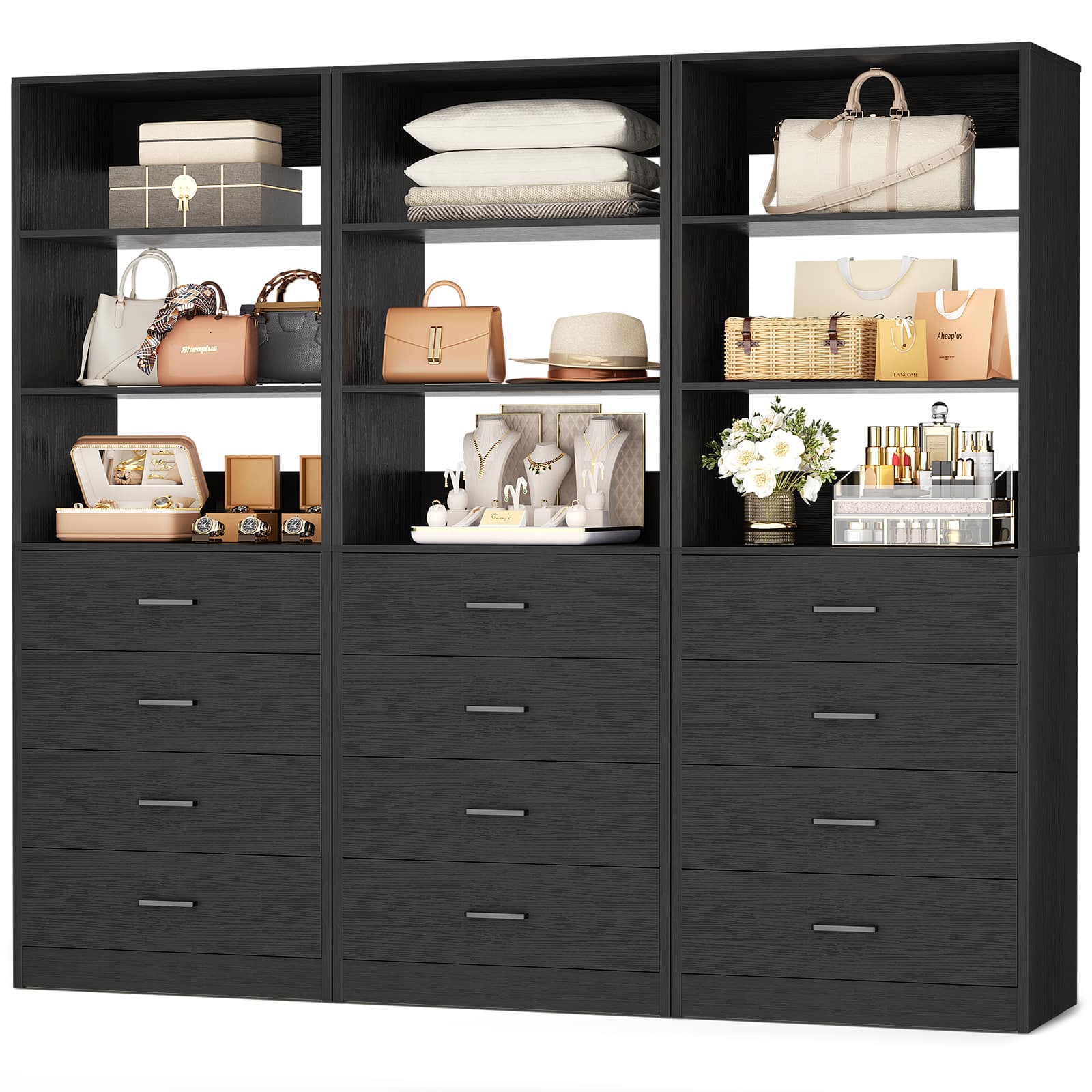 Aheaplus - 5.3FT Wood Closet Organizer System with 12 Wood Drawers and 6 Shelves, 3 Packs - Black