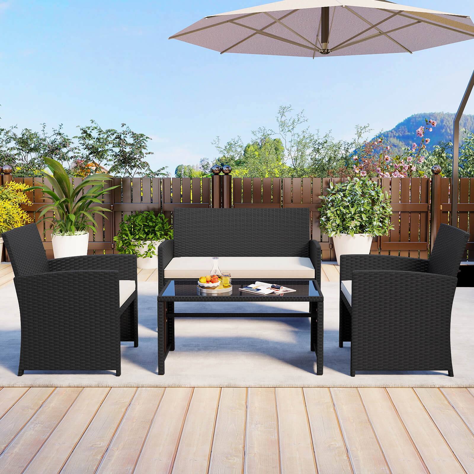 Alt View 3. Costway - Costway 4 PCS Patio Conversation Set with Seat Cushions & Tempered Glass Tabletop, Porch - White+Black.