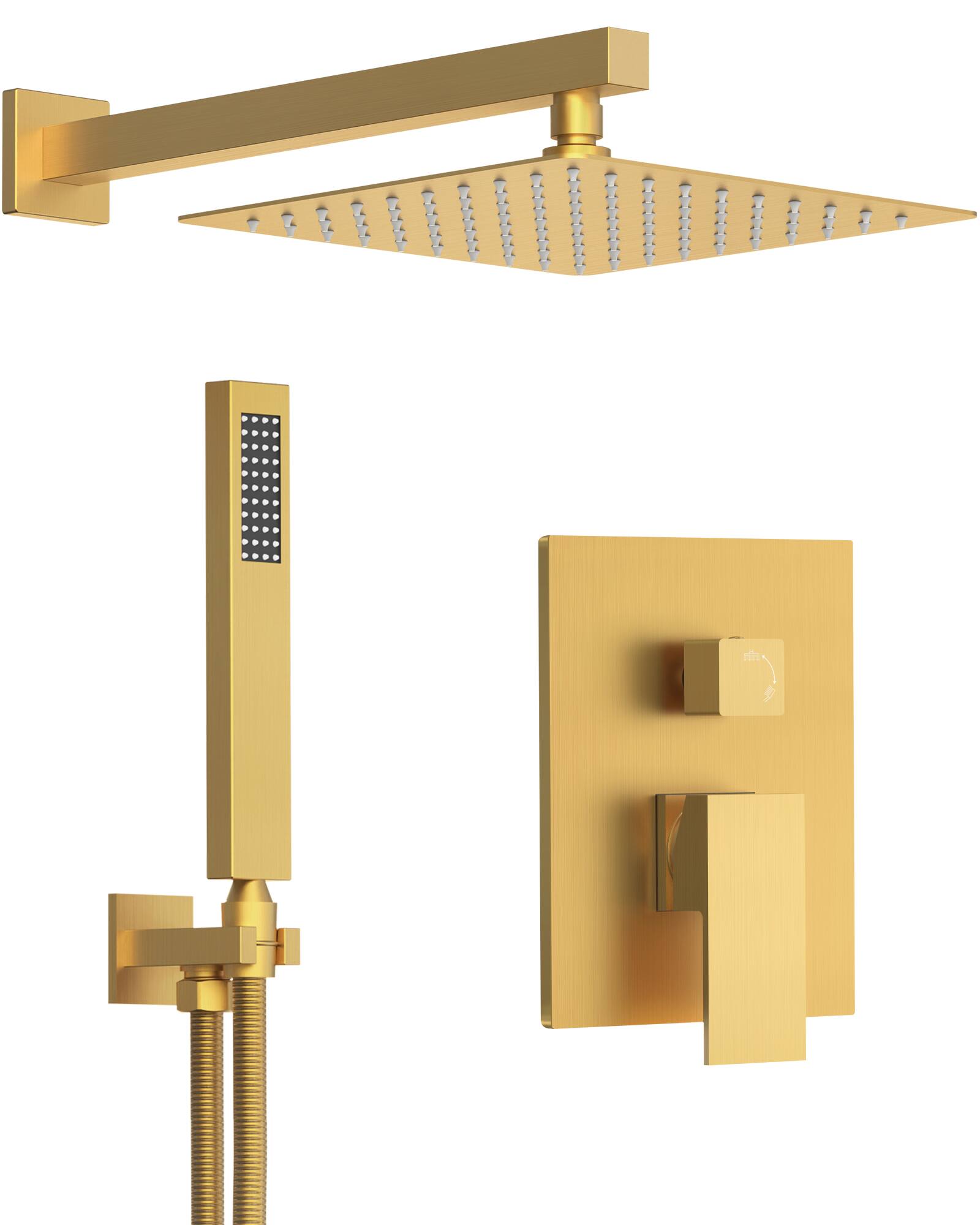 Front. GRANDJOY - 10" Wall Mount Shower Faucet System with Rainfall Shower Head, and Handheld Sprayer for Bathroom Use - Brushed Gold.