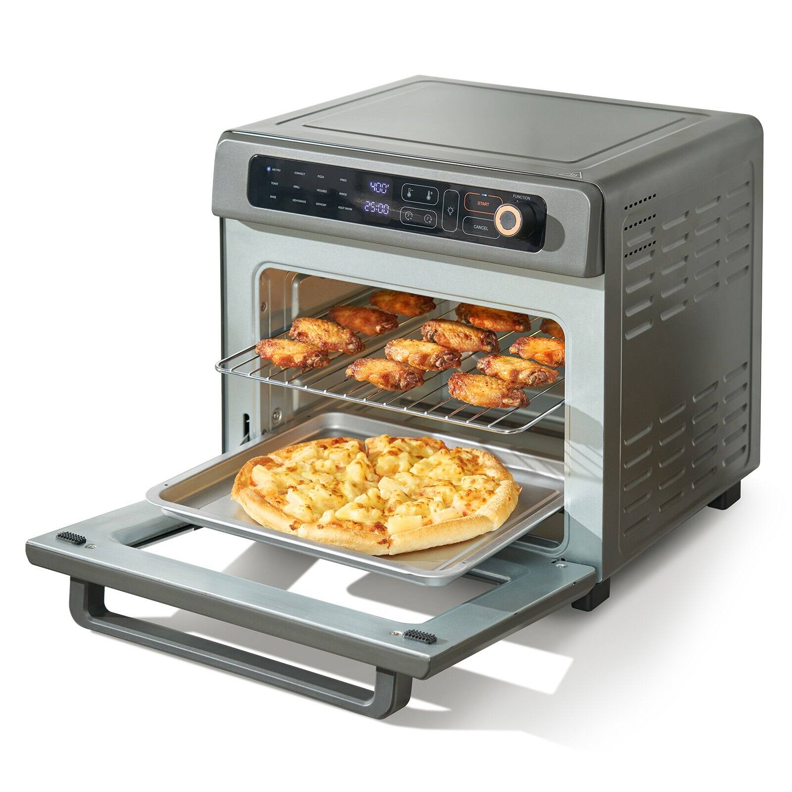 Glintex - 25L 12-in-1 Air Fryer Toaster Oven Convection Countertop Combo 1700W with Grill Pizza Pan and Gloves - Silver