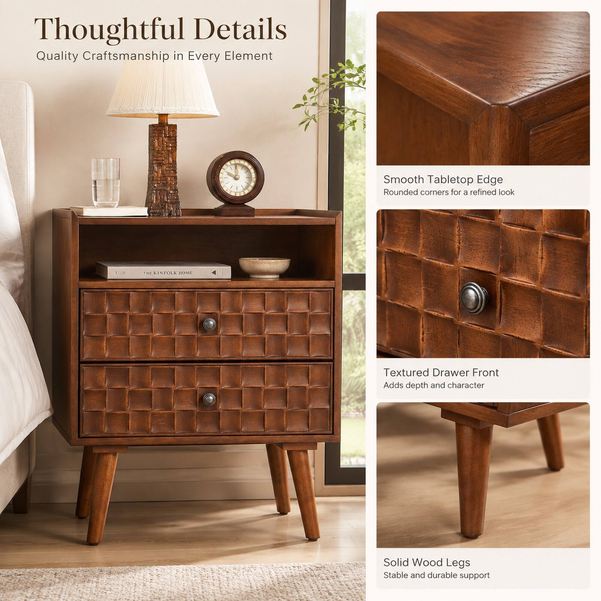 Thoughtful Details  
Quality Craftsmanship in Every Element

Smooth Tabletop Edge  
Rounded corners for a refined look

Textured Drawer Front  
Adds depth and character

Solid Wood Legs  
Stable and durable support