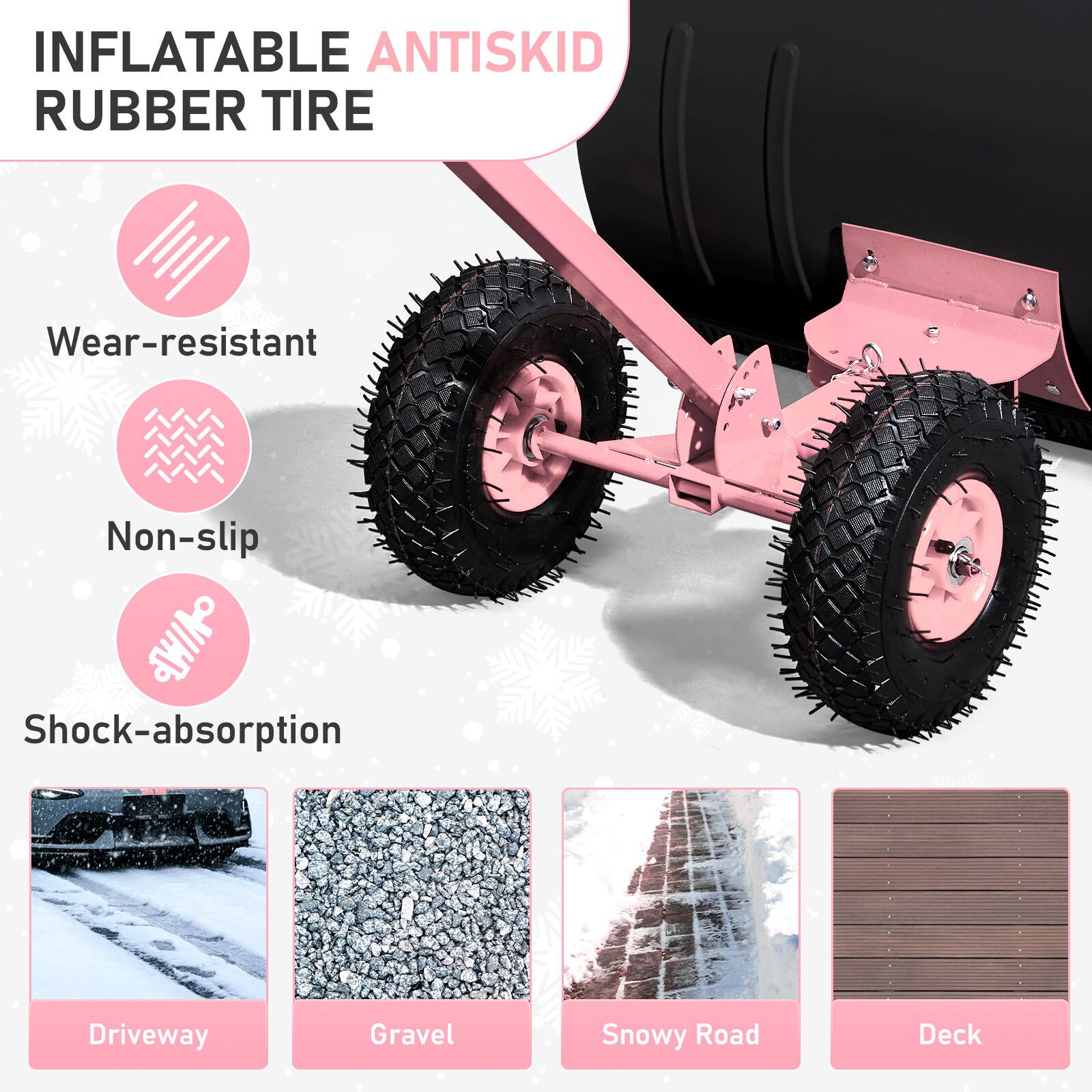 INFLATABLE ANTISKID RUBBER TIRE

- Wear-resistant
- Non-slip
- Shock-absorption

- Driveway
- Gravel
- Snowy Road
- Deck