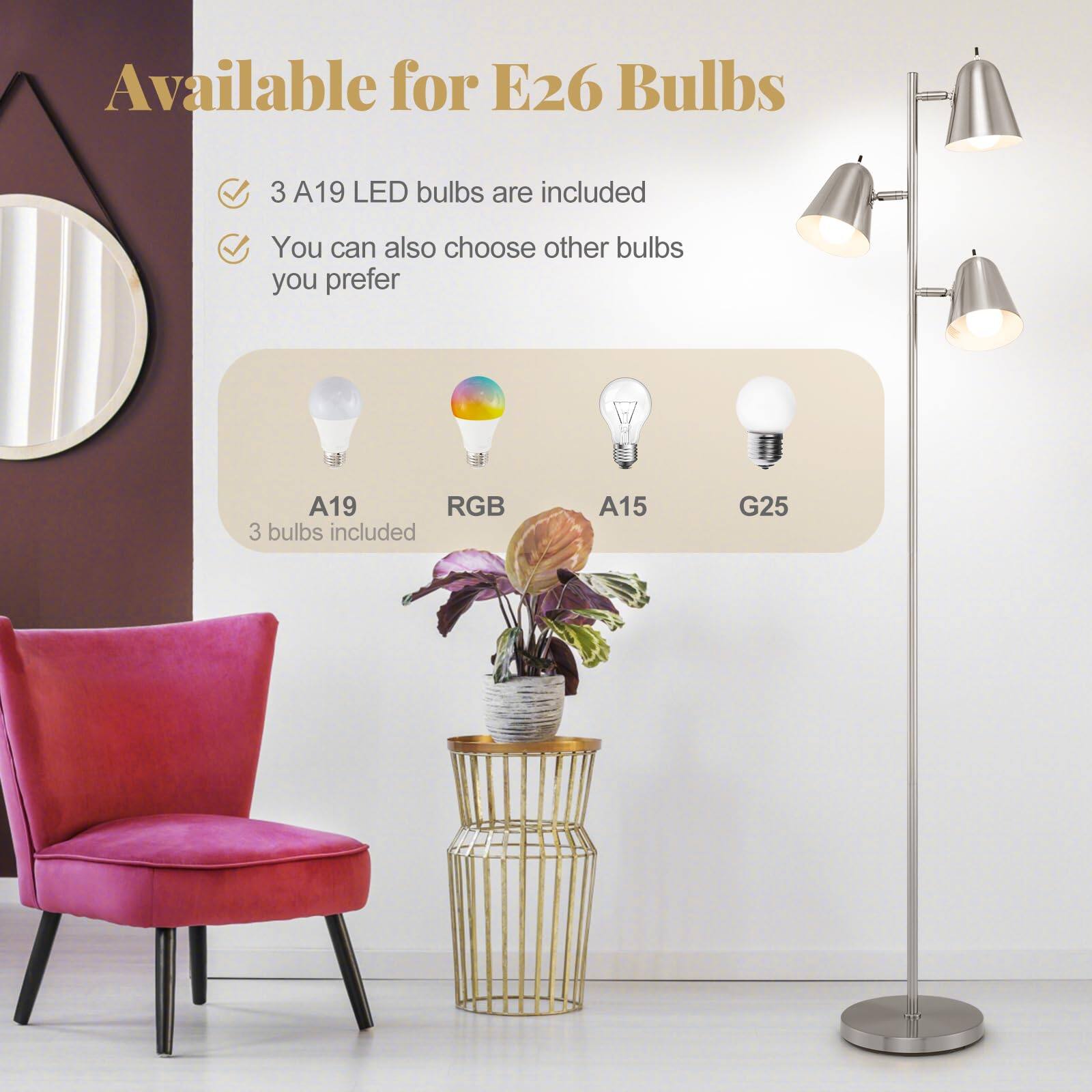 Available for E26 Bulbs

- 3 A19 LED bulbs are included
- You can also choose other bulbs you prefer

A19: 3 bulbs included  
RGB  
A15  
G25