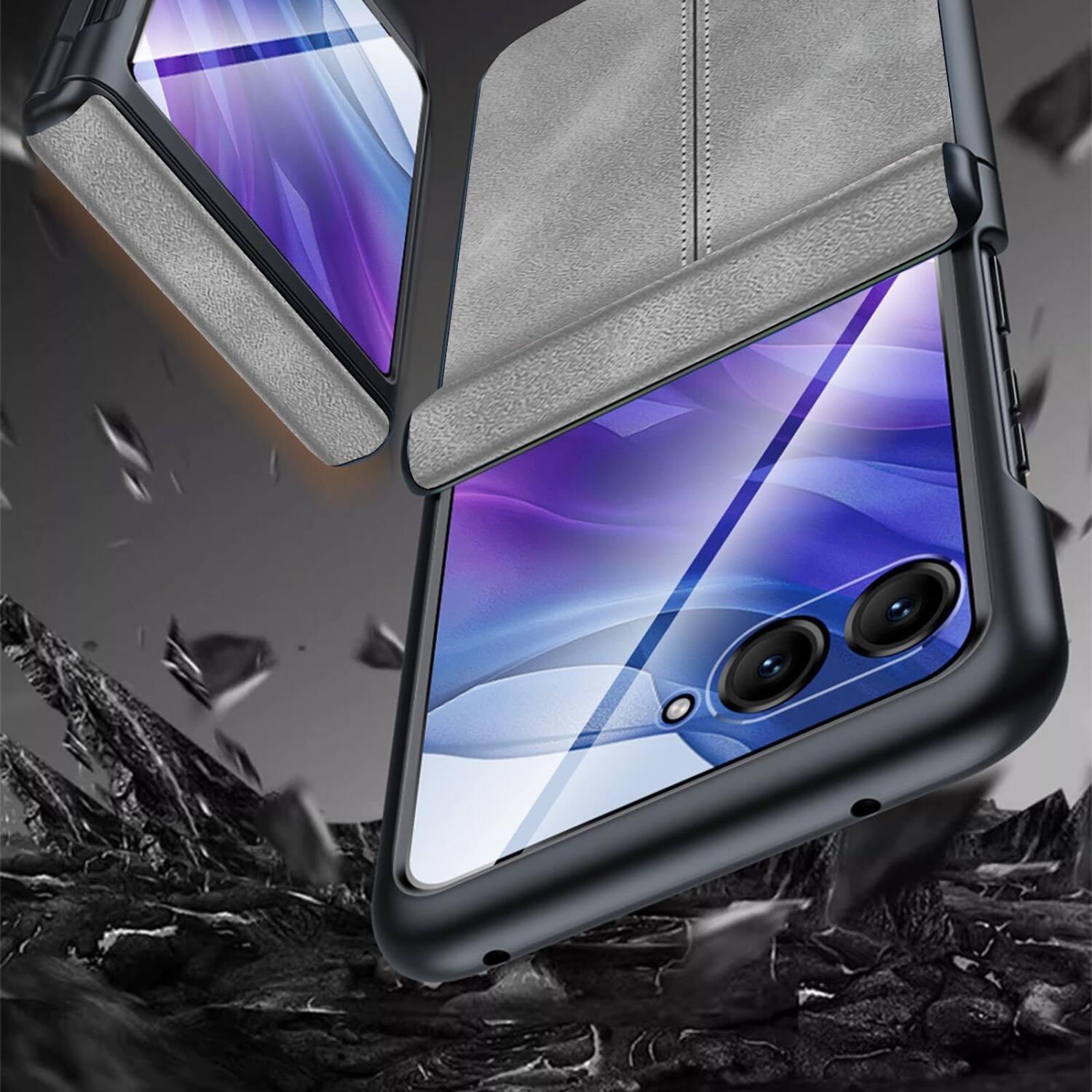 Alt View 2. Dteck - Case for Motorola Razr+ 2026/2025/2024 Shockproof PU Leather Hinge Protection Cover Built-in Front Screen Protector - Purple.