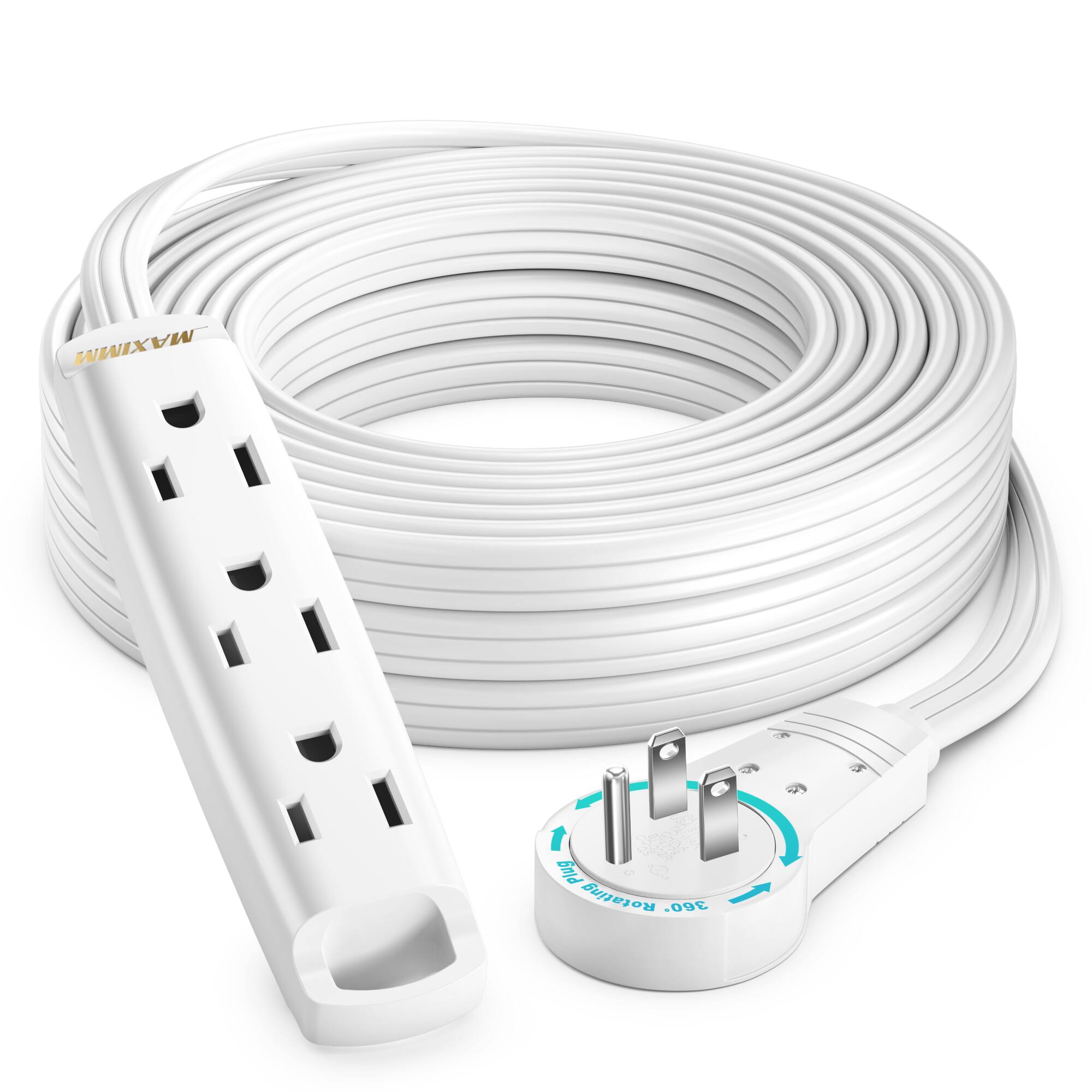 Maximm - 25 Ft 360° Rotating Flat Plug Extension Cord with 3 Outlets on One Side, Space-Saving Design, UL-Certified - White