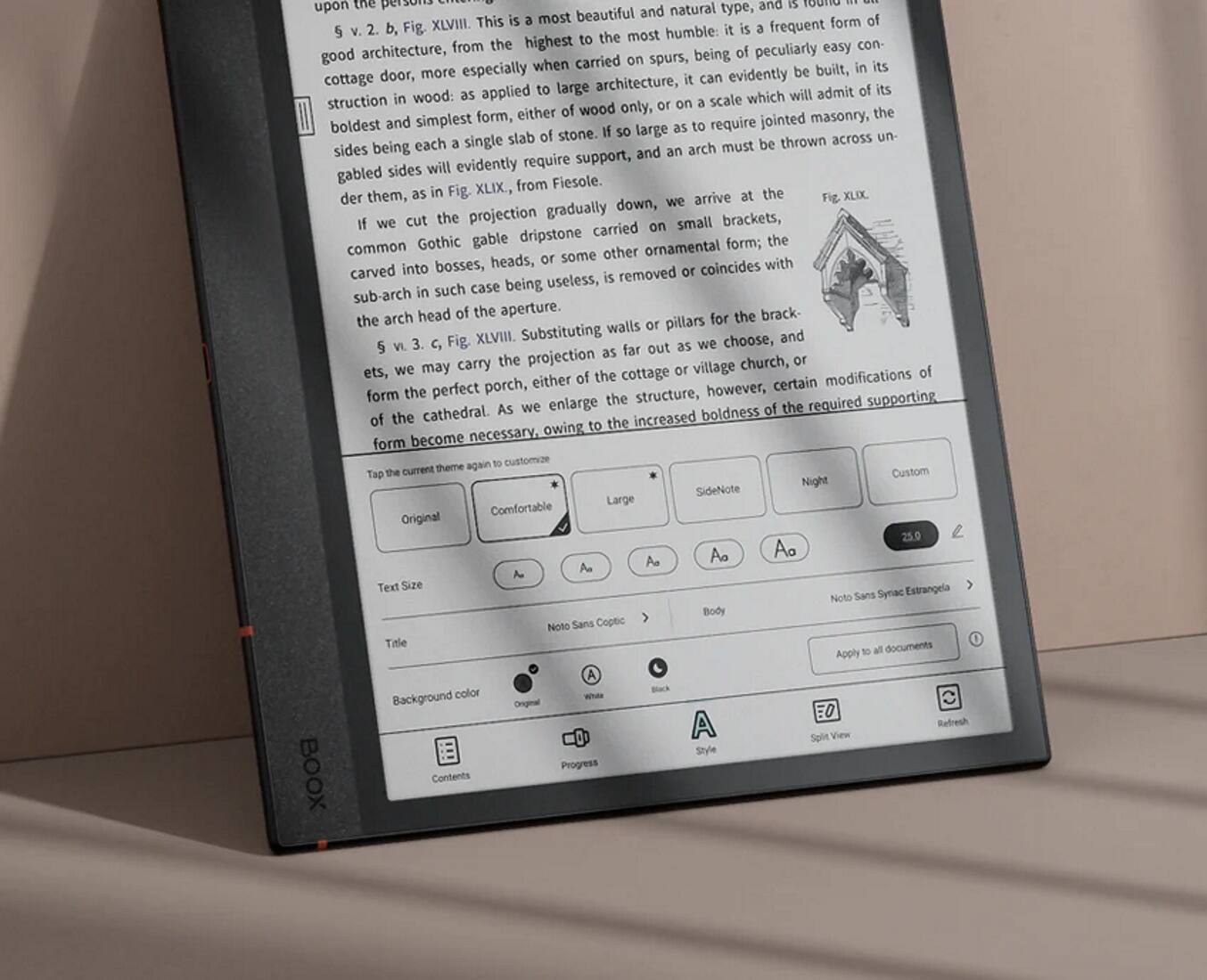 The text on the image is about architecture and design. It discusses the beauty of architecture and how it can be applied to different structures. The text also mentions the importance of simplicity in design and the use of wood as a primary material. Additionally, the text touches upon the use of gables in architecture and the need for support from brackets.