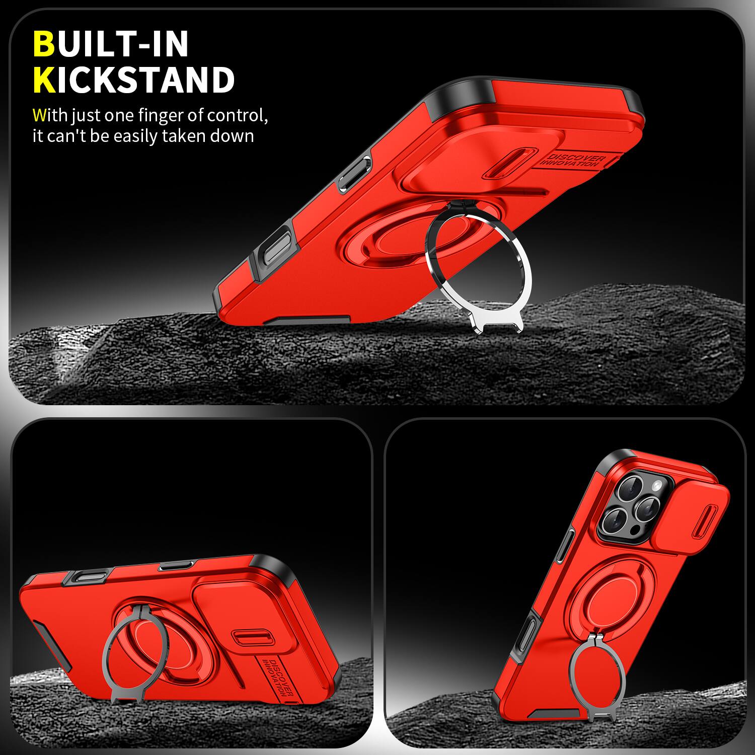 BUILT-IN KICKSTAND  
With just one finger of control, it can't be easily taken down  

DISCOVER INNOVATION  
ONNI DISCOVER GO TION