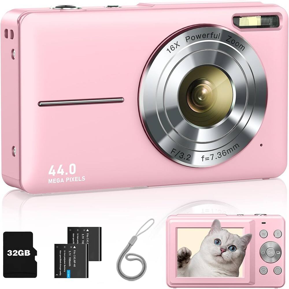 ACJPR - FHD 1080P Digital Camera, 16X Zoom, Anti-Shake, 32GB Card, 2 Batteries (Pink)