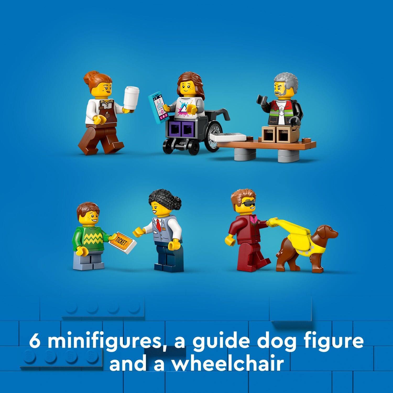 6 minifigures, a guide dog figure, and a wheelchair.