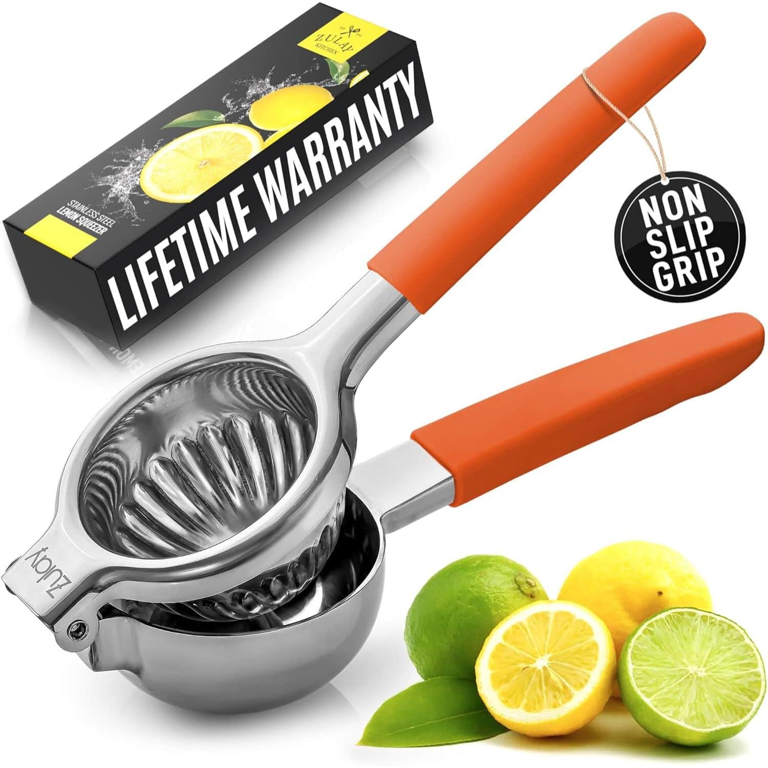 Zulay Kitchen - Stainless Steel Lemon Squeezer with Solid Metal Squeezer Bowl and Food Grade Silicone Handles - Orange