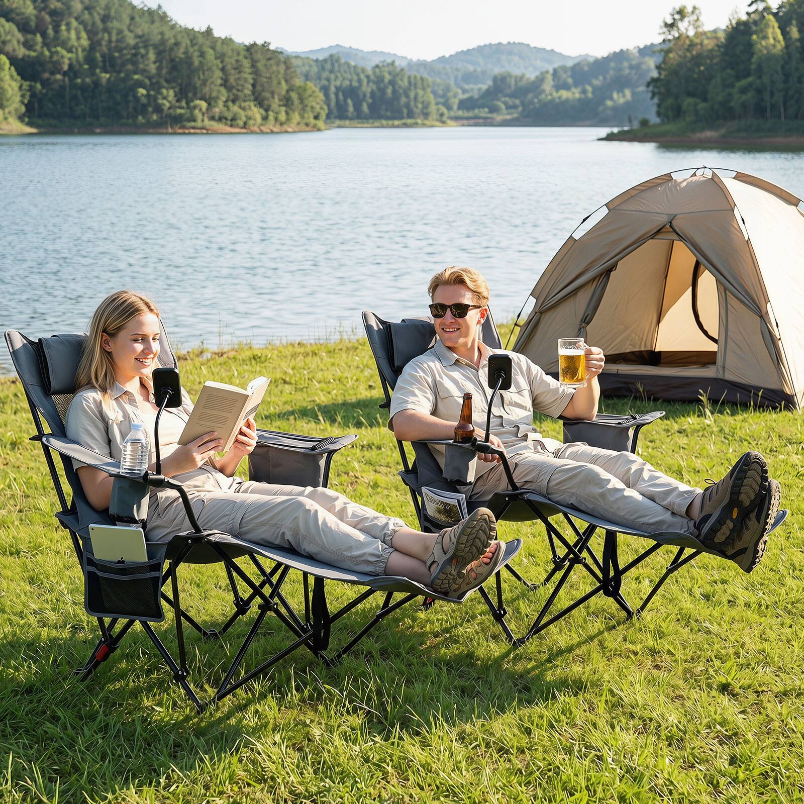 Alt View 7. Gymax - Gymax 2-in-1 Reclining Camping Chair w/Detachable Footrest 3-Level Adjustable Backrest Gray & Black - Gray.