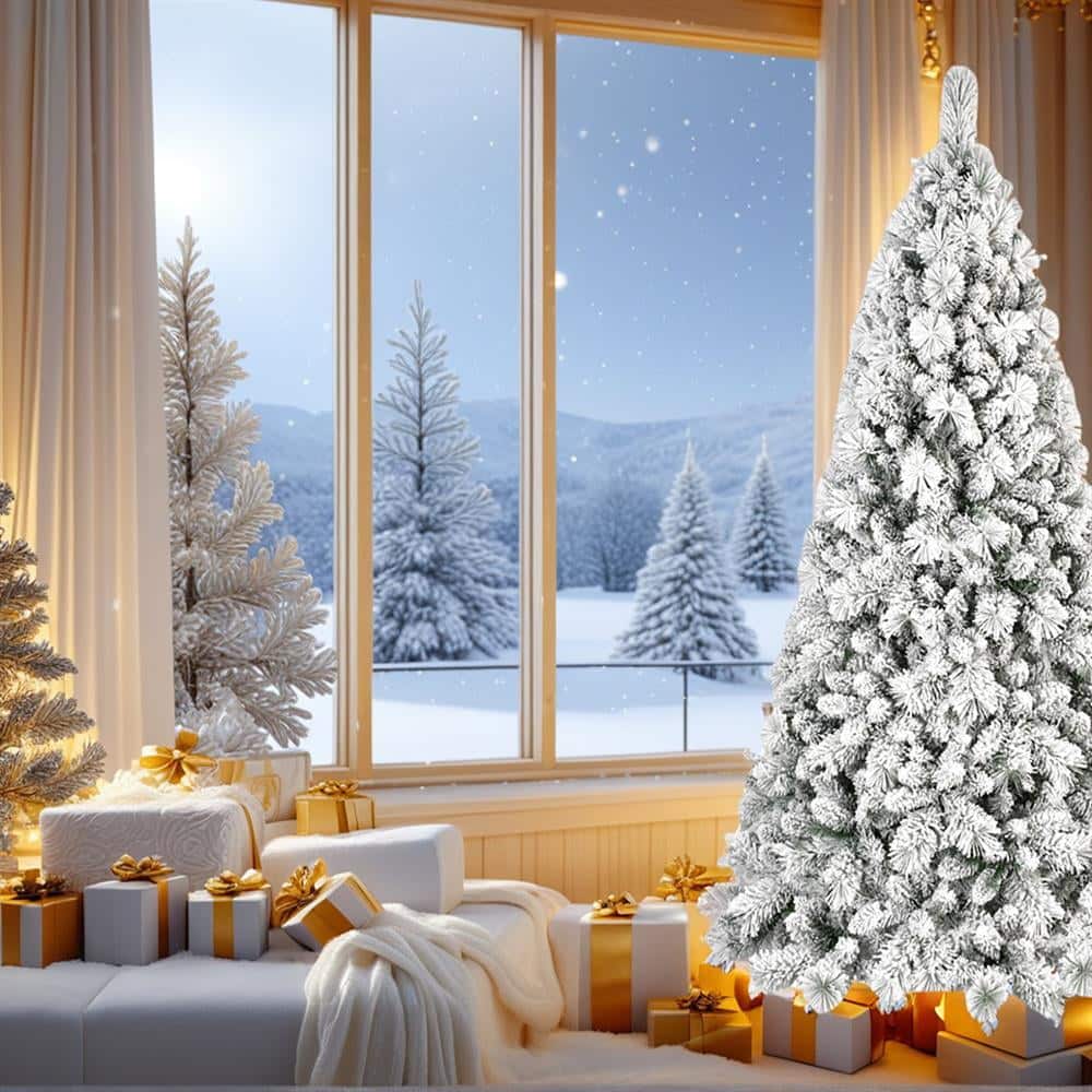 Pefilos - 6ft Flocked PVC Christmas Tree with 752 Tips, Indoor Holiday Decor, Modern Design for Living Room Decor - White