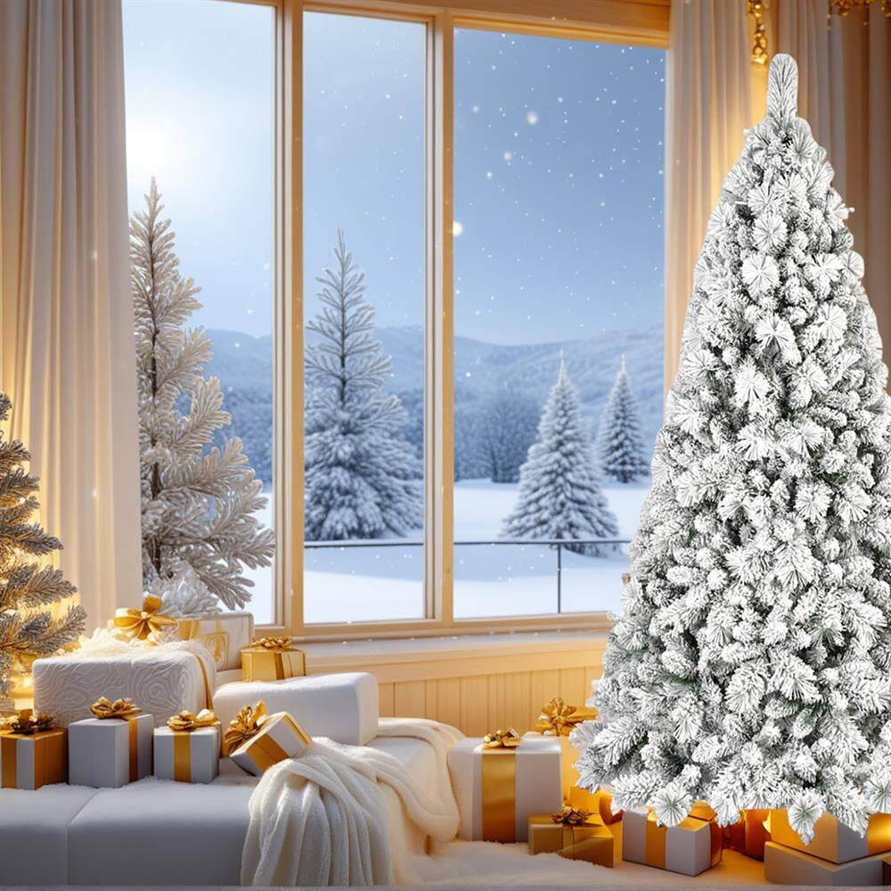 Front. Pefilos - 6ft Flocked PVC Christmas Tree with 752 Tips, Indoor Holiday Decor, Modern Design for Living Room Decor - White.