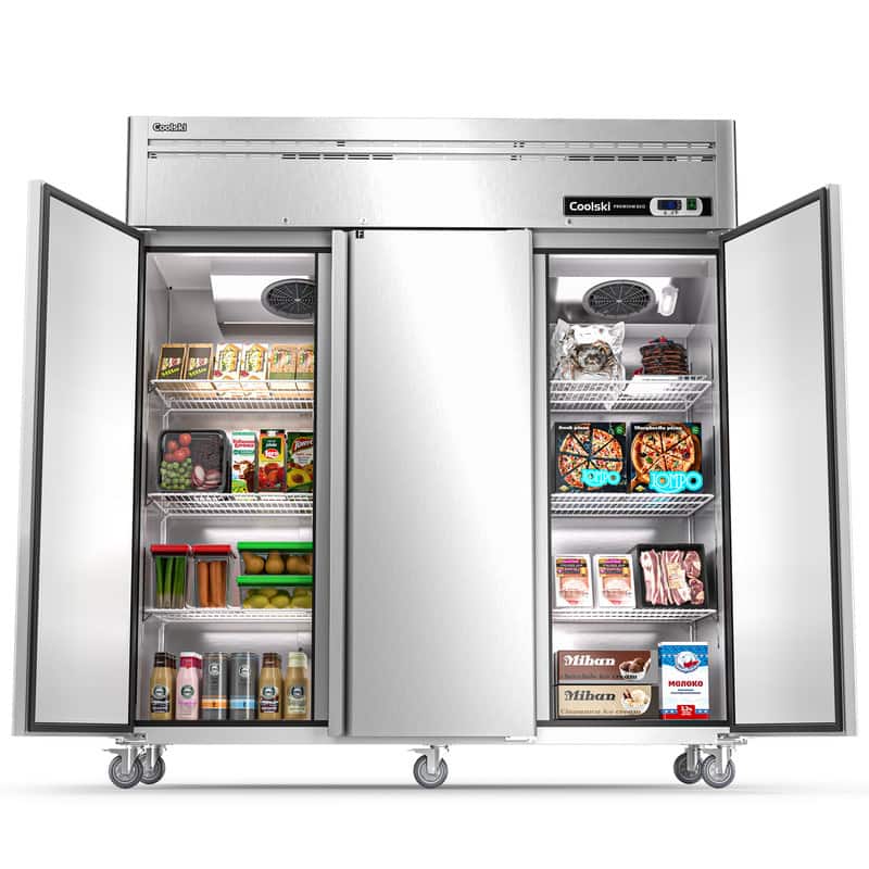 Coolski - 72.8 in. 54 cu. ft. Auto / Cycle Defrost Commercial Freezer Reach in 3 Door Upright Freezer - Stainless Steel