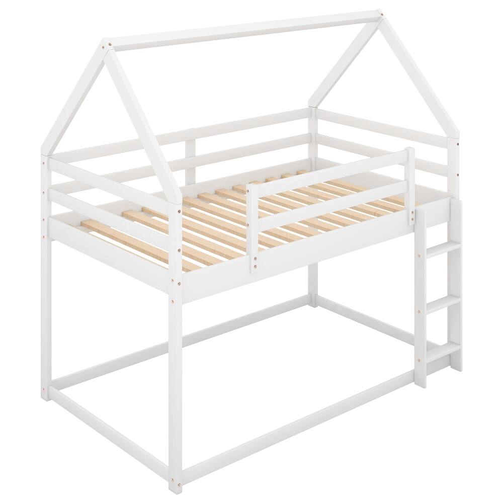 Alt View 6. Loheer - Loheer Twin Over Twin Low Bunk Bed House Bed with Ladder White - White.