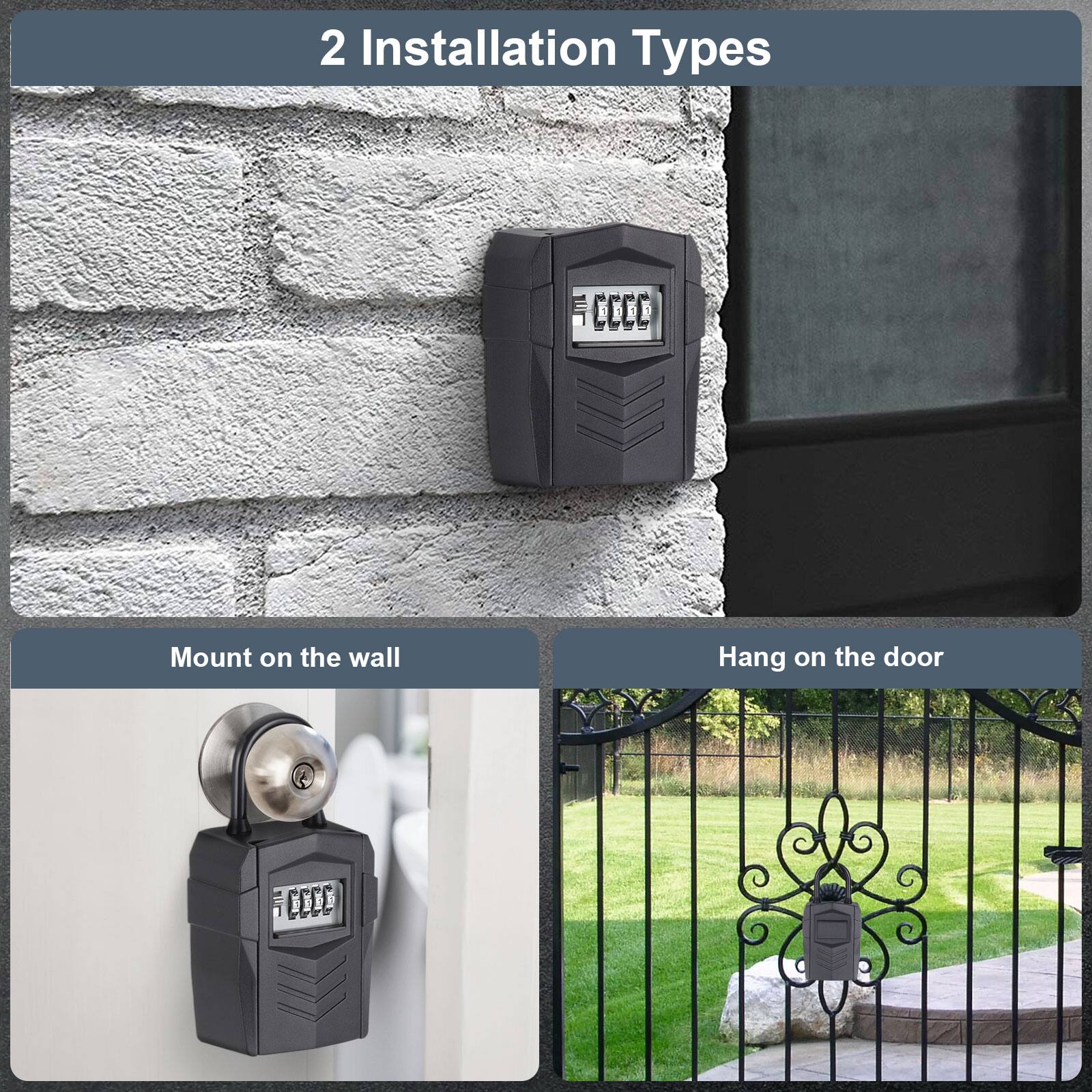 2 Installation Types

Mount on the wall

Hang on the door