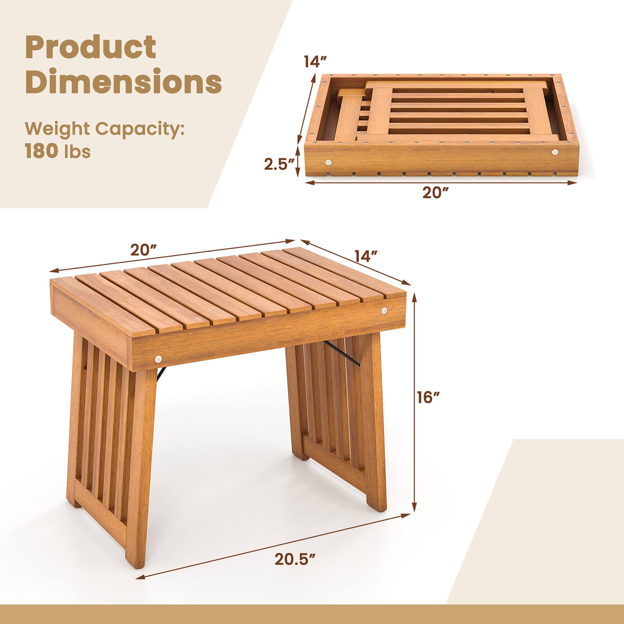 Product Dimensions:  
Weight Capacity: 180 lbs  
2.5" x 20" x 20" x 14" x 16" x 20.5"