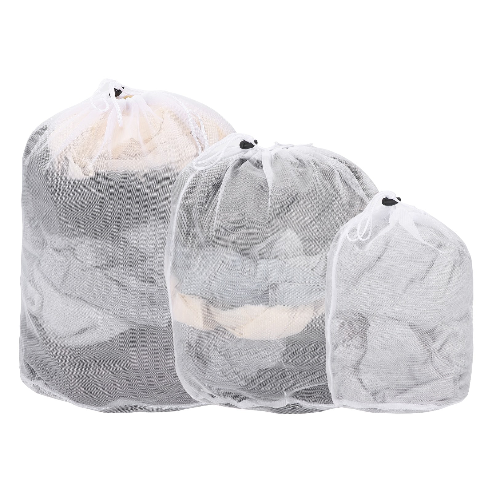 Unique Bargains - Practical 3pcs Mesh Laundry Bag Thin Drawstring Net with S M L Sizes for Washing Machine and Home Travel Storage - White