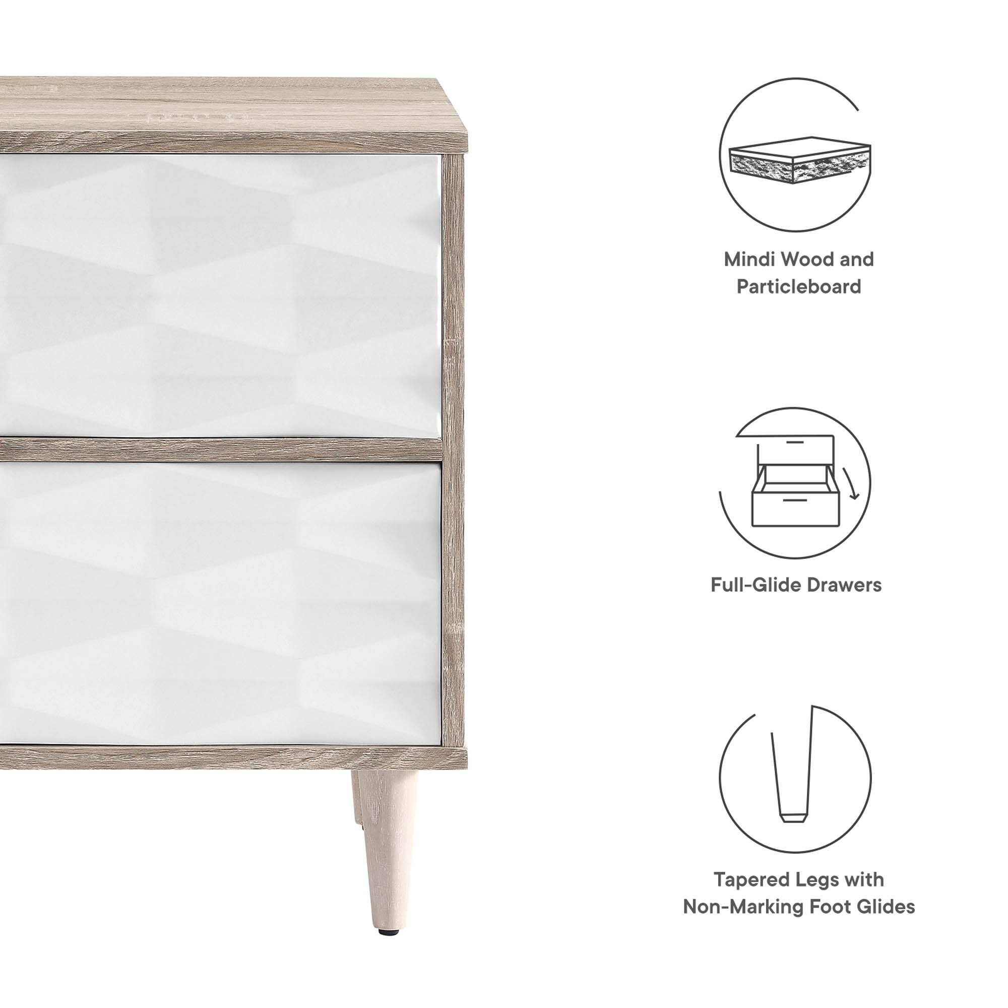 Mindi Wood and Particleboard  
Full-Glide Drawers  
Tapered Legs with Non-Marking Foot Glides