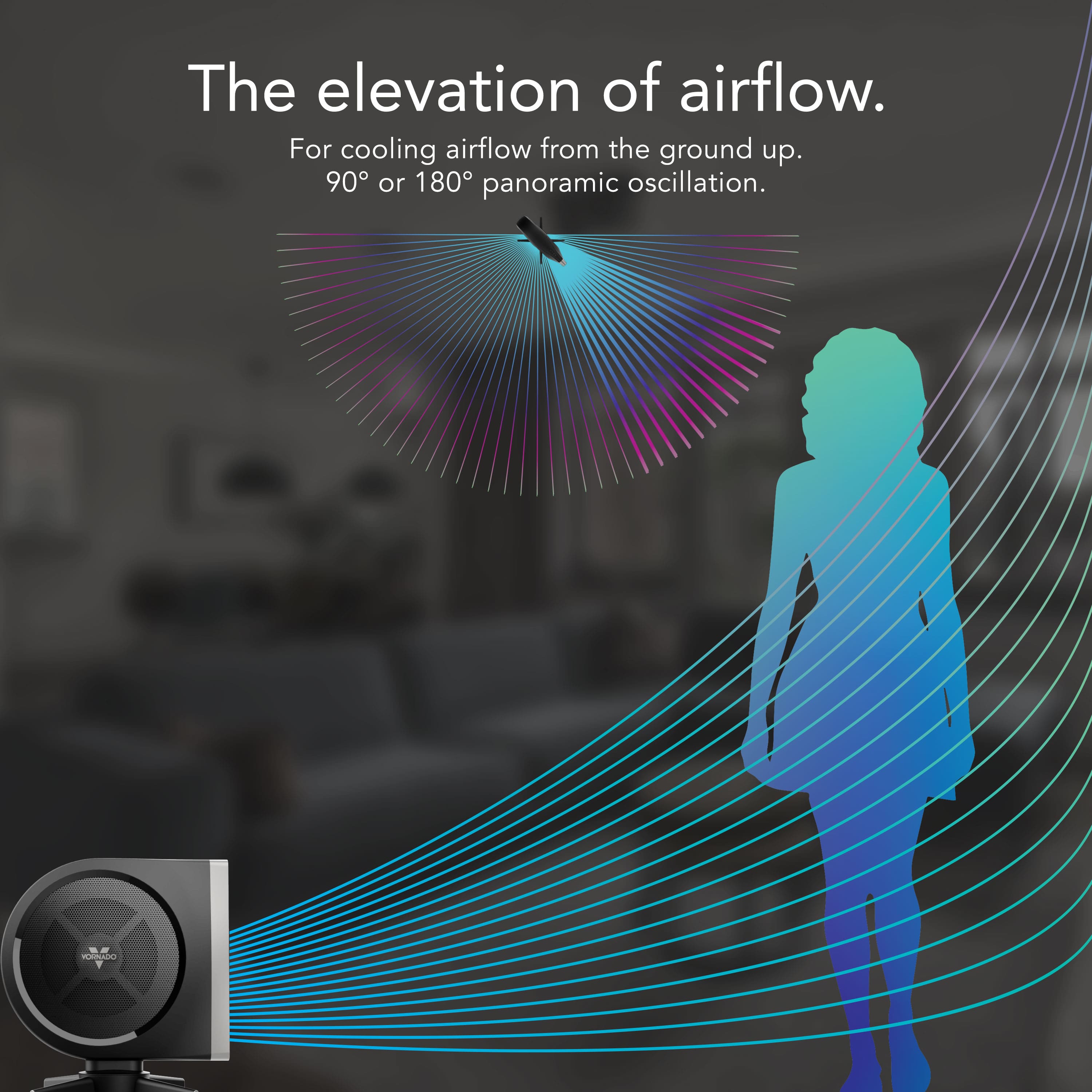 The elevation of airflow. For cooling airflow from the ground up. 90 or 180 panoramic oscillation.