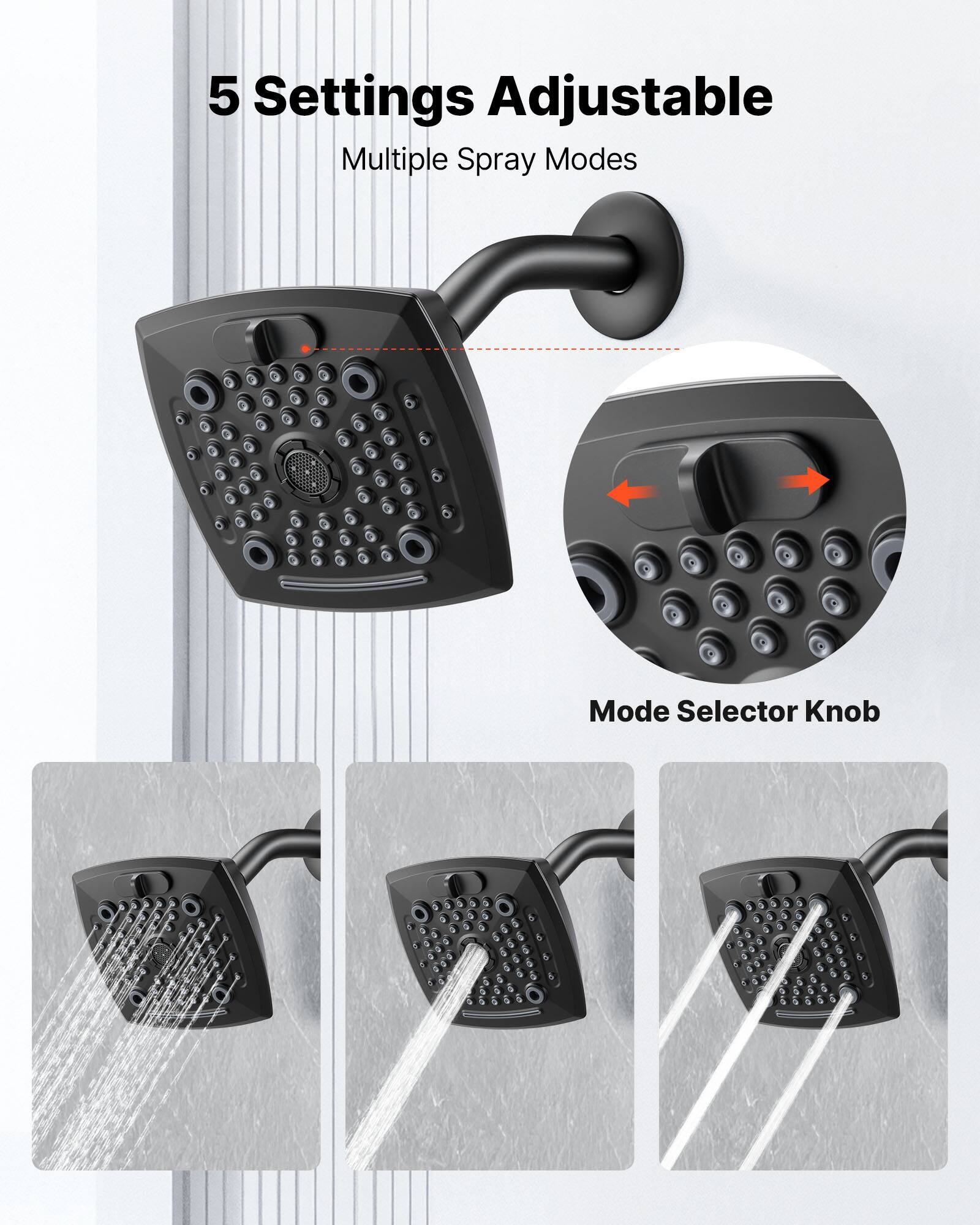 5 Settings Adjustable  
Multiple Spray Modes  

Mode Selector Knob