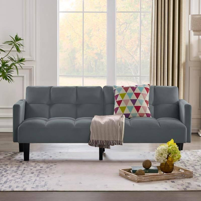 Alt View 2. Trinkets Crazed - Velvet Futon Couch Convertible Folding Sofa Bed Tufted Couch for Apartment  - gray.