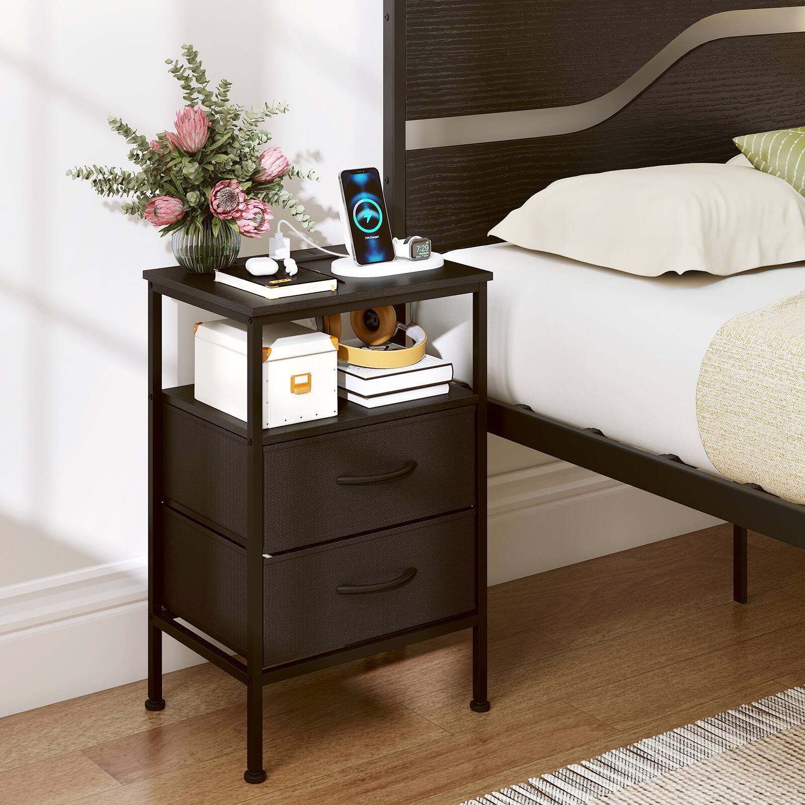 Alt View 1. Costway - Costway 1 PCS Nightstand with Charging Station, 24.5" Modern Bedside Table with 2 Fabric Drawers - Black.